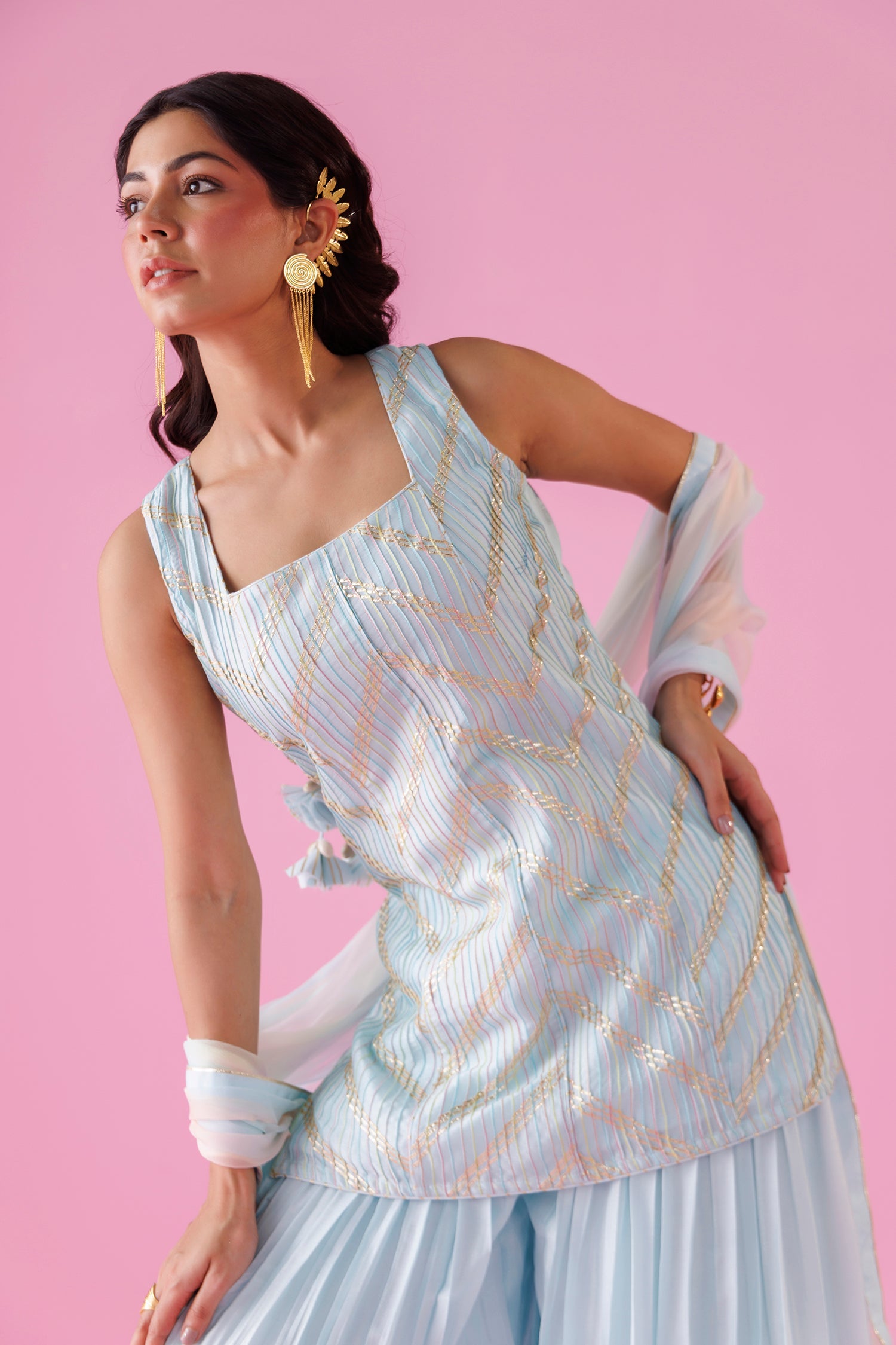 Embroidered Leheriya Silk Suit with Shaded Dupatta