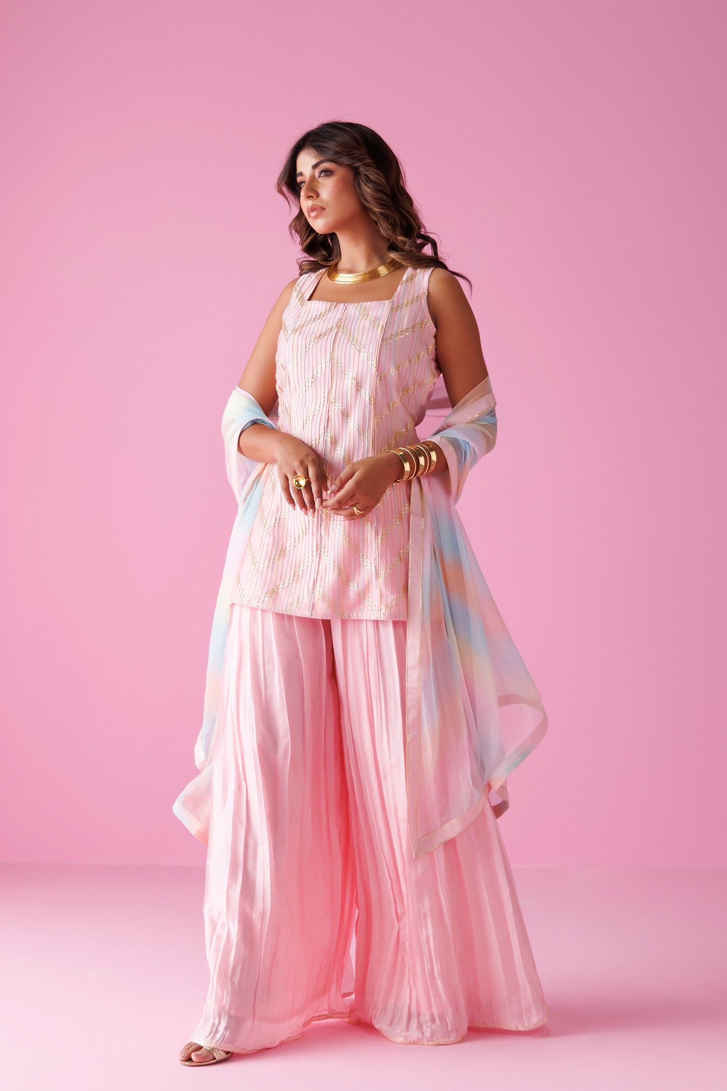 Embroidered Leheriya Silk Suit with Shaded Dupatta