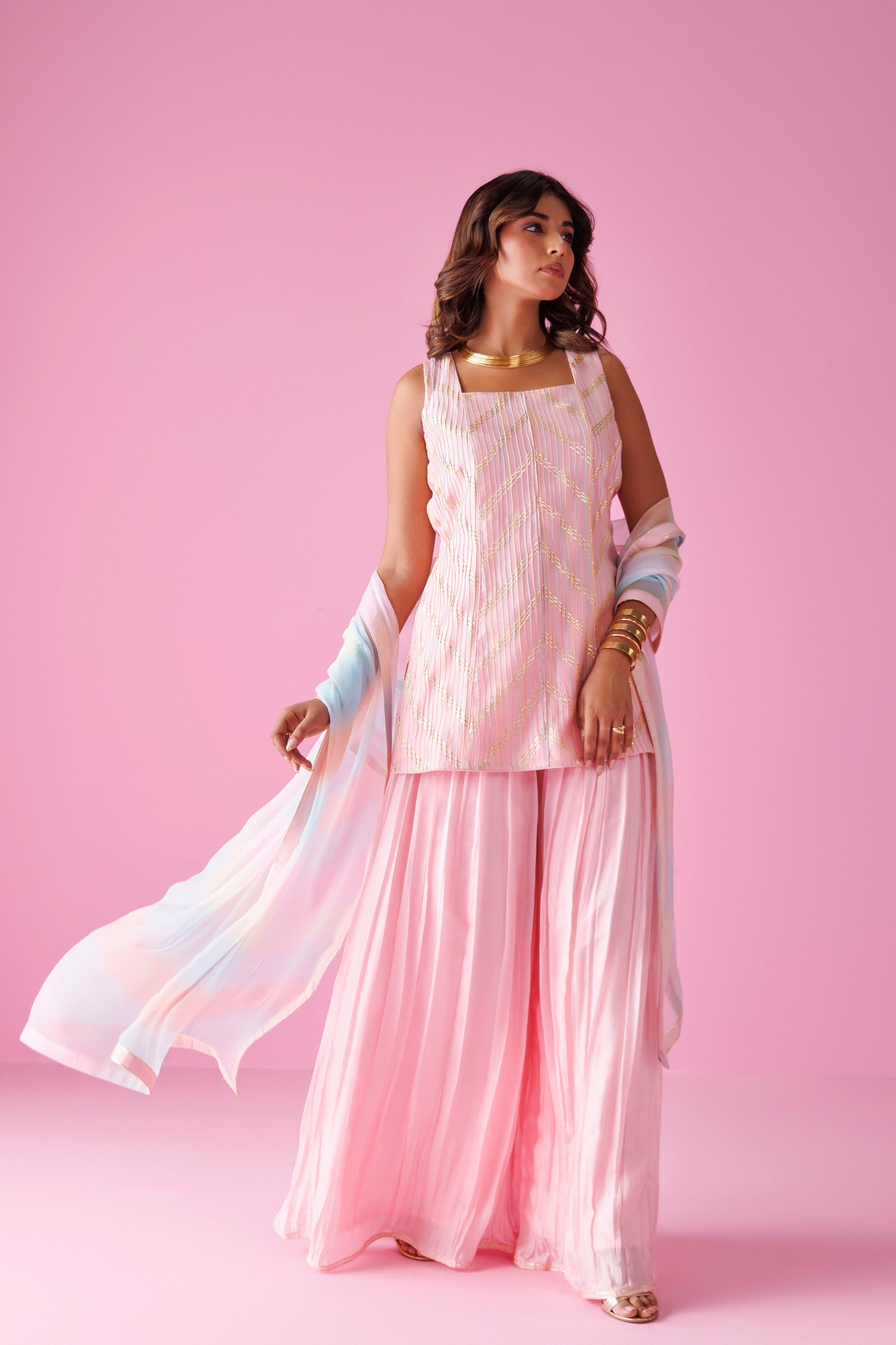 Embroidered Leheriya Silk Suit with Shaded Dupatta