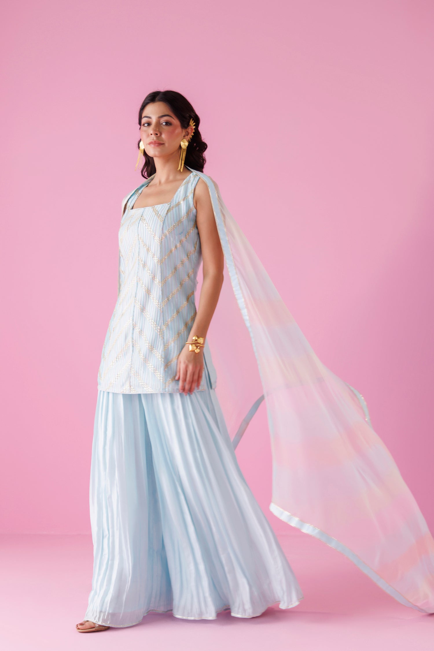 Embroidered Leheriya Silk Suit with Shaded Dupatta