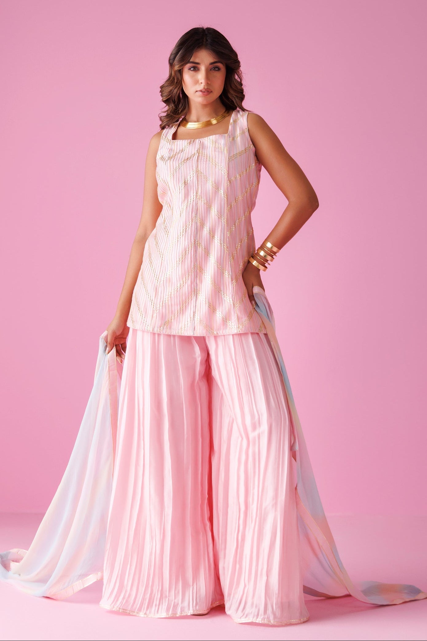 Embroidered Leheriya Silk Suit with Shaded Dupatta