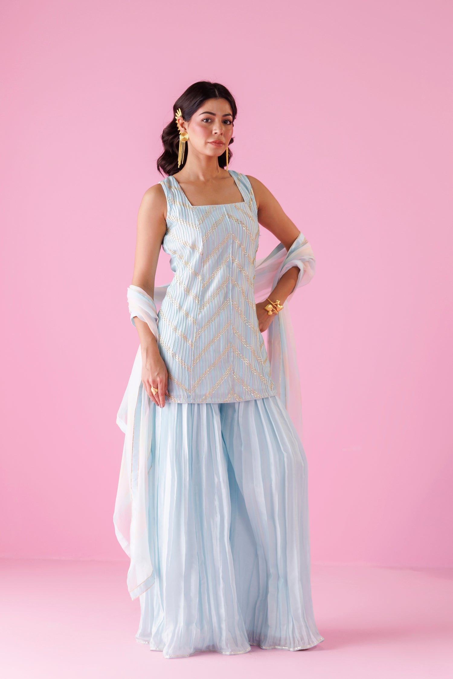 Embroidered Leheriya Silk Suit with Shaded Dupatta