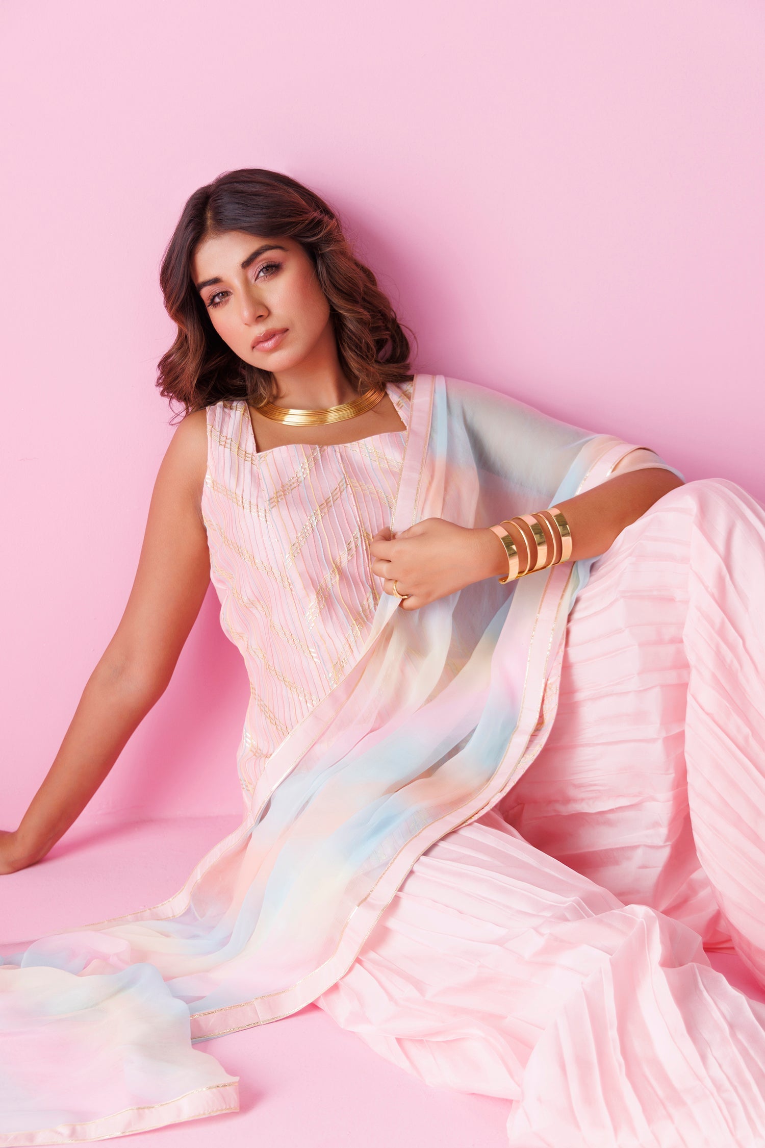 Embroidered Leheriya Silk Suit with Shaded Dupatta