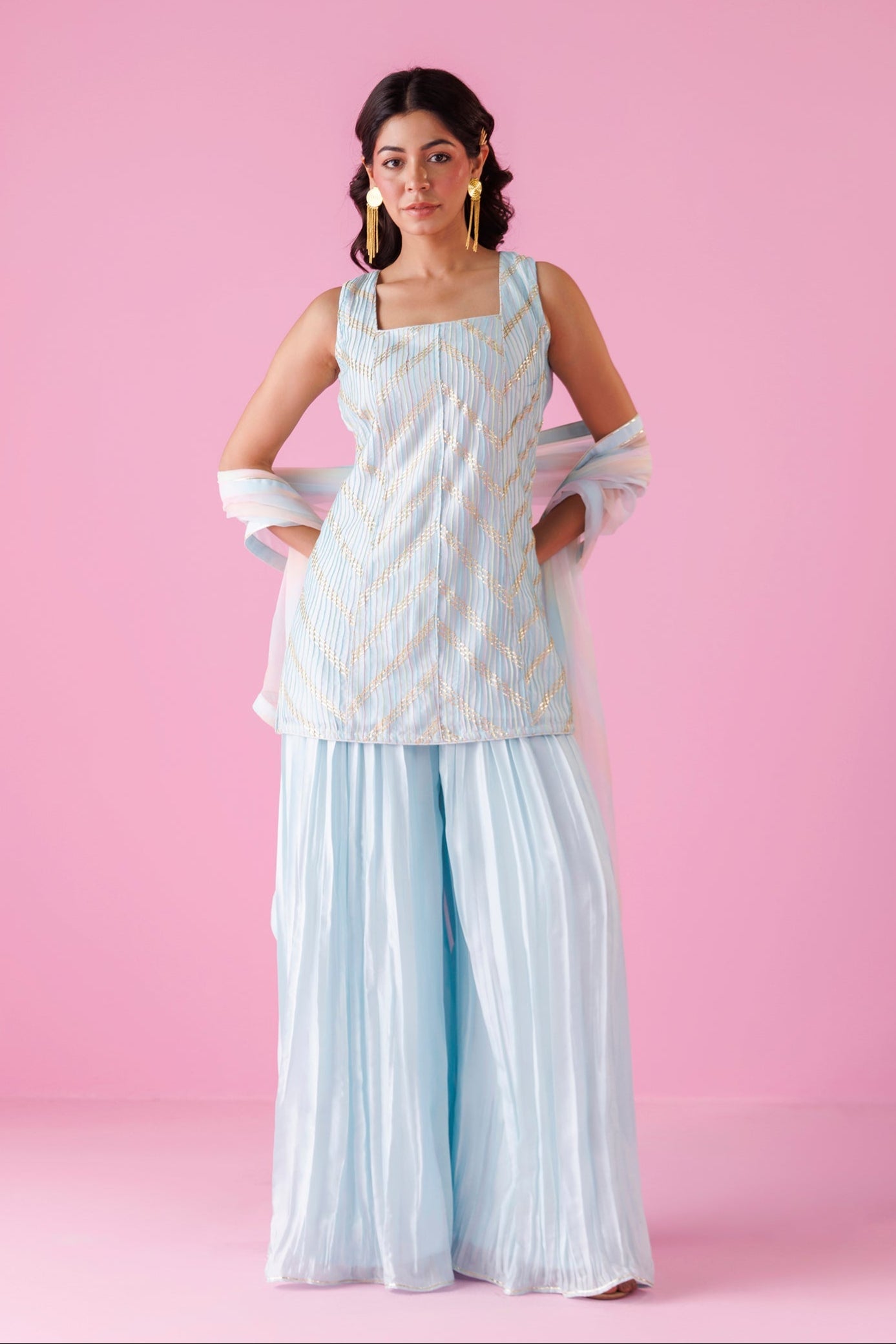 Embroidered Leheriya Silk Suit with Shaded Dupatta