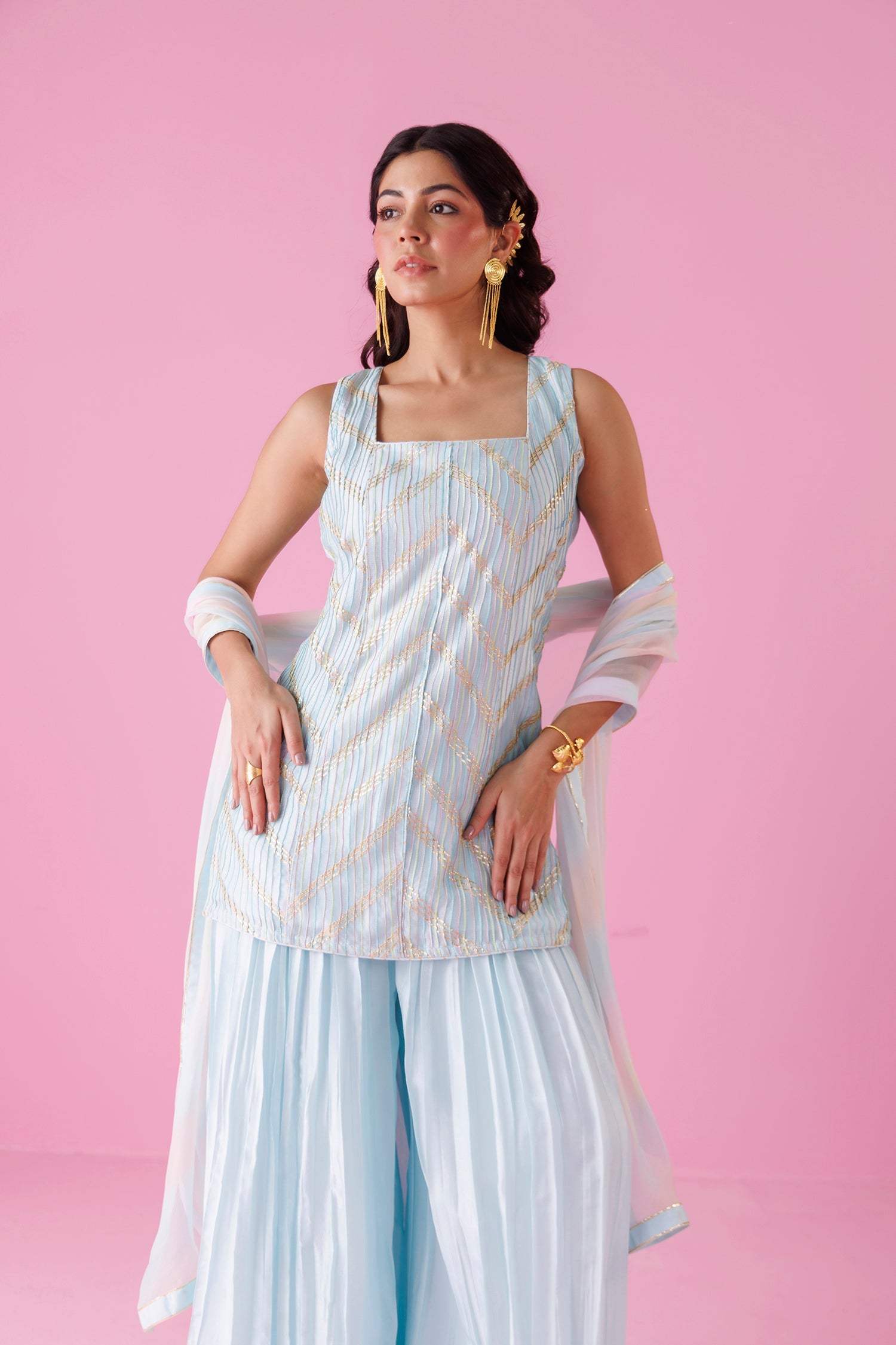 Embroidered Leheriya Silk Suit with Shaded Dupatta