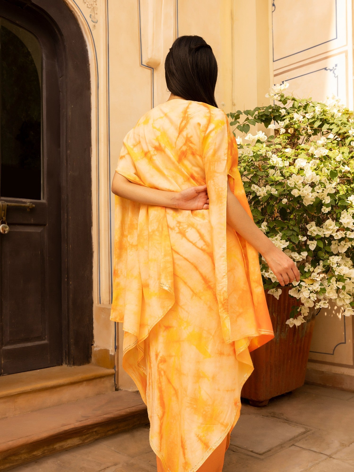 Tie & Dye Muslin Gota Patti Suit Stitched with Flared Sleeves