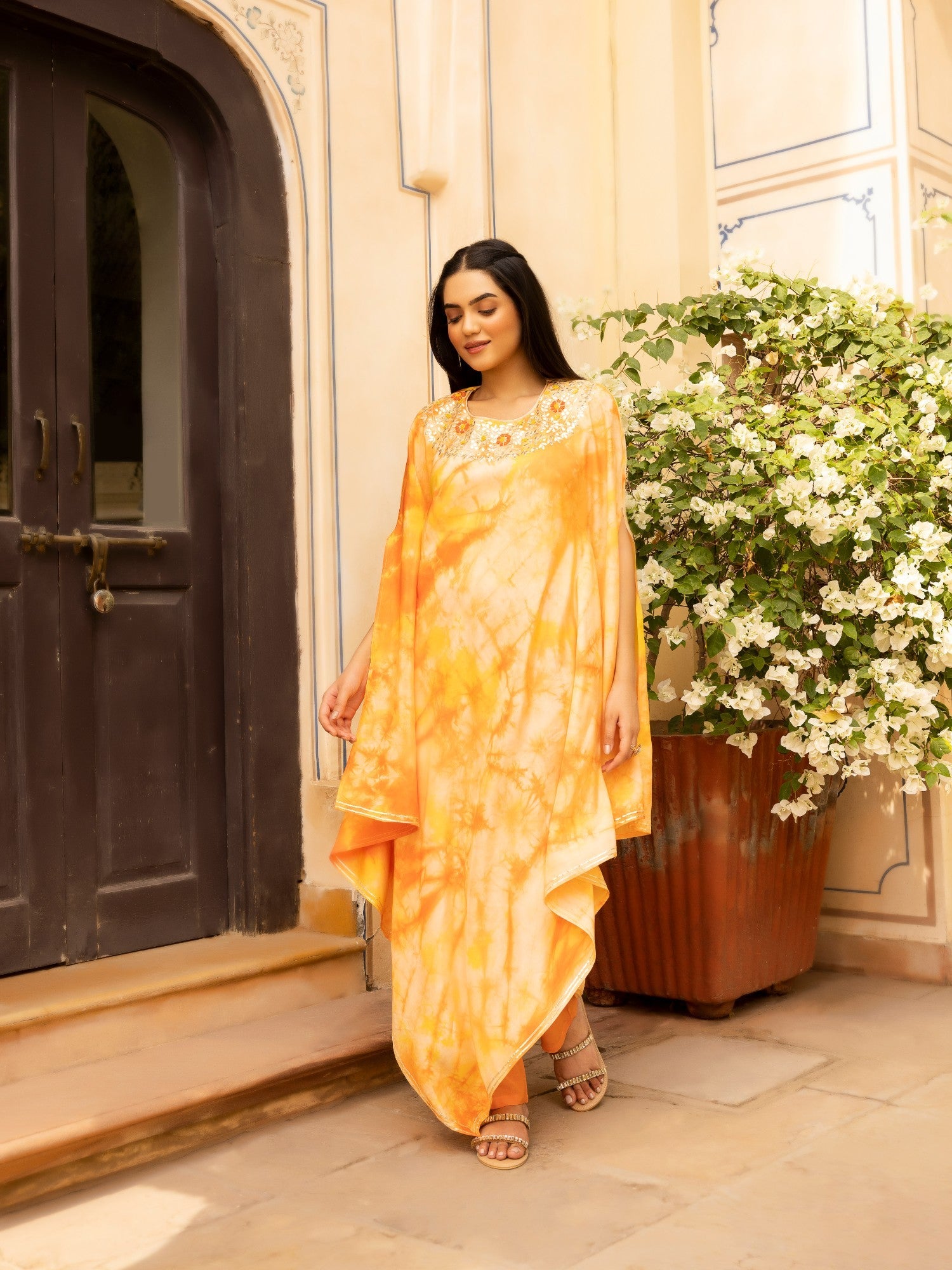 Tie & Dye Muslin Gota Patti Suit Stitched with Flared Sleeves