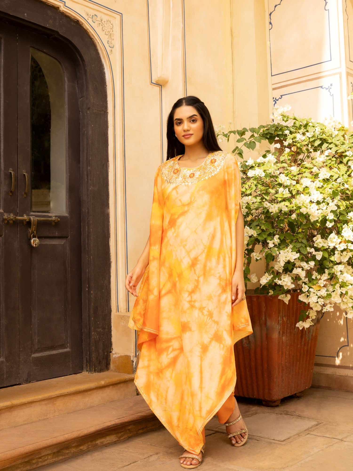 Tie & Dye Muslin Gota Patti Suit Stitched with Flared Sleeves