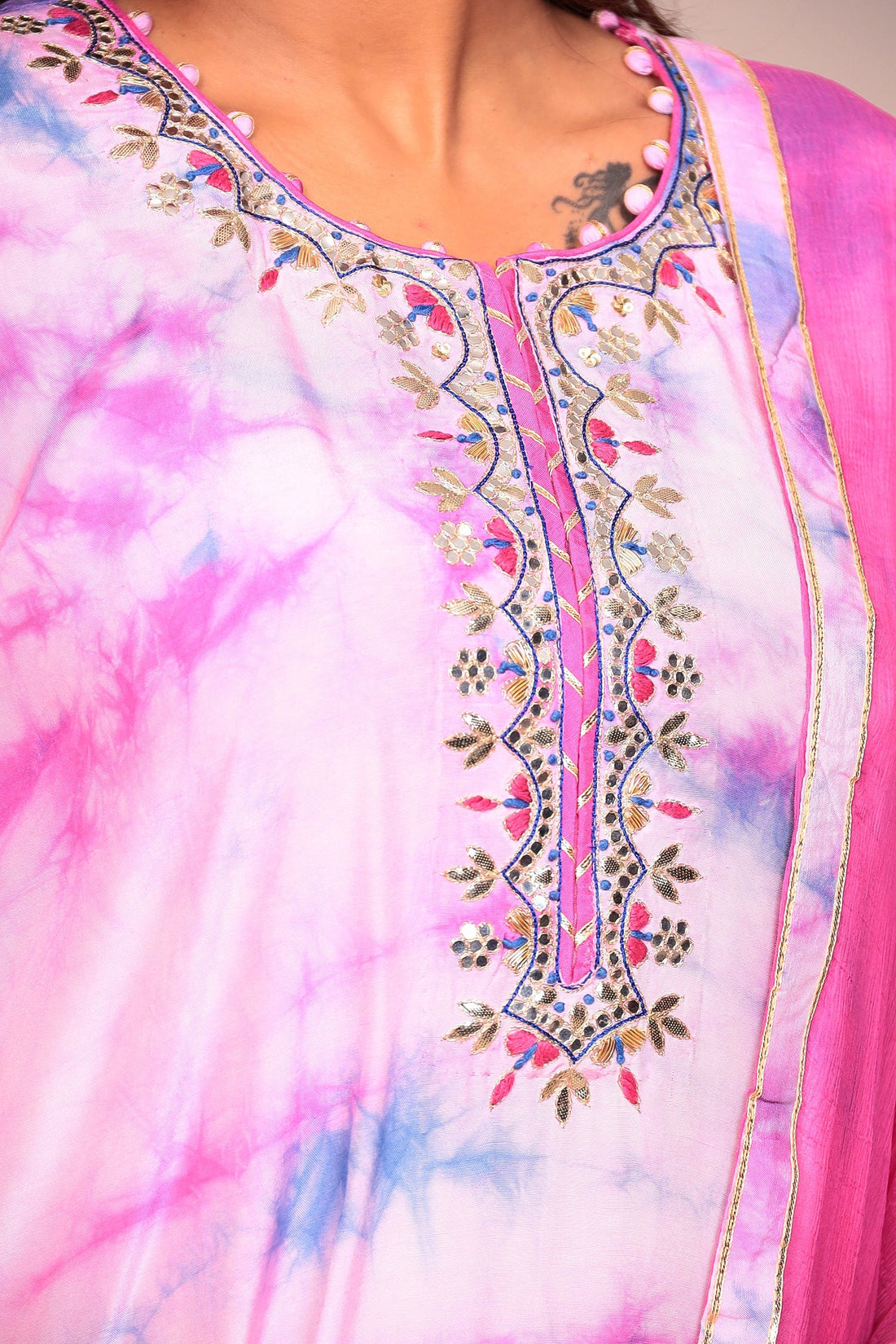 Assymetrical Cut Tie & Dye Silk Kurta Stitched (3Pc) with Gota Patti and Thread Work