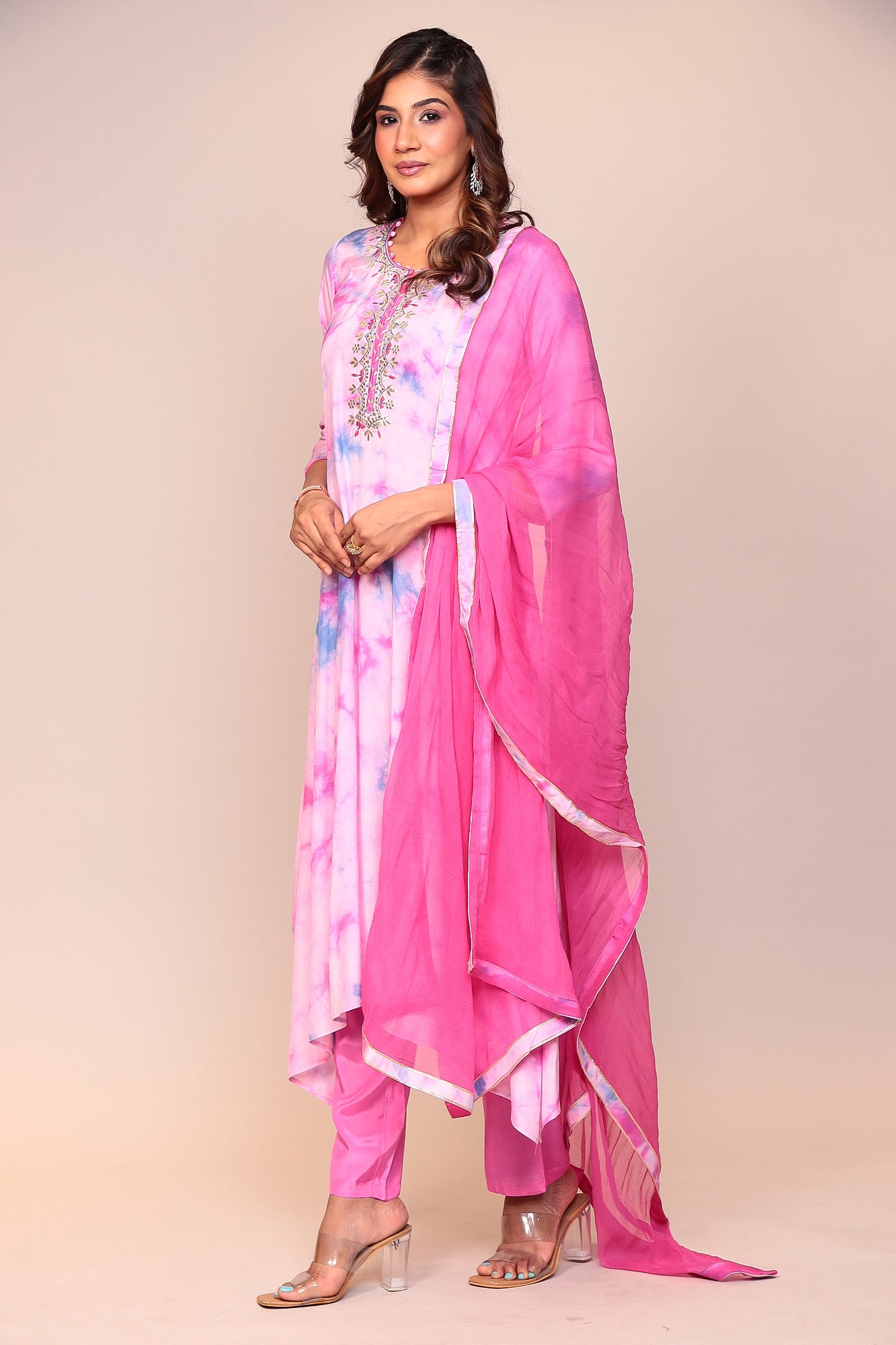 Assymetrical Cut Tie & Dye Silk Kurta Stitched (3Pc) with Gota Patti and Thread Work
