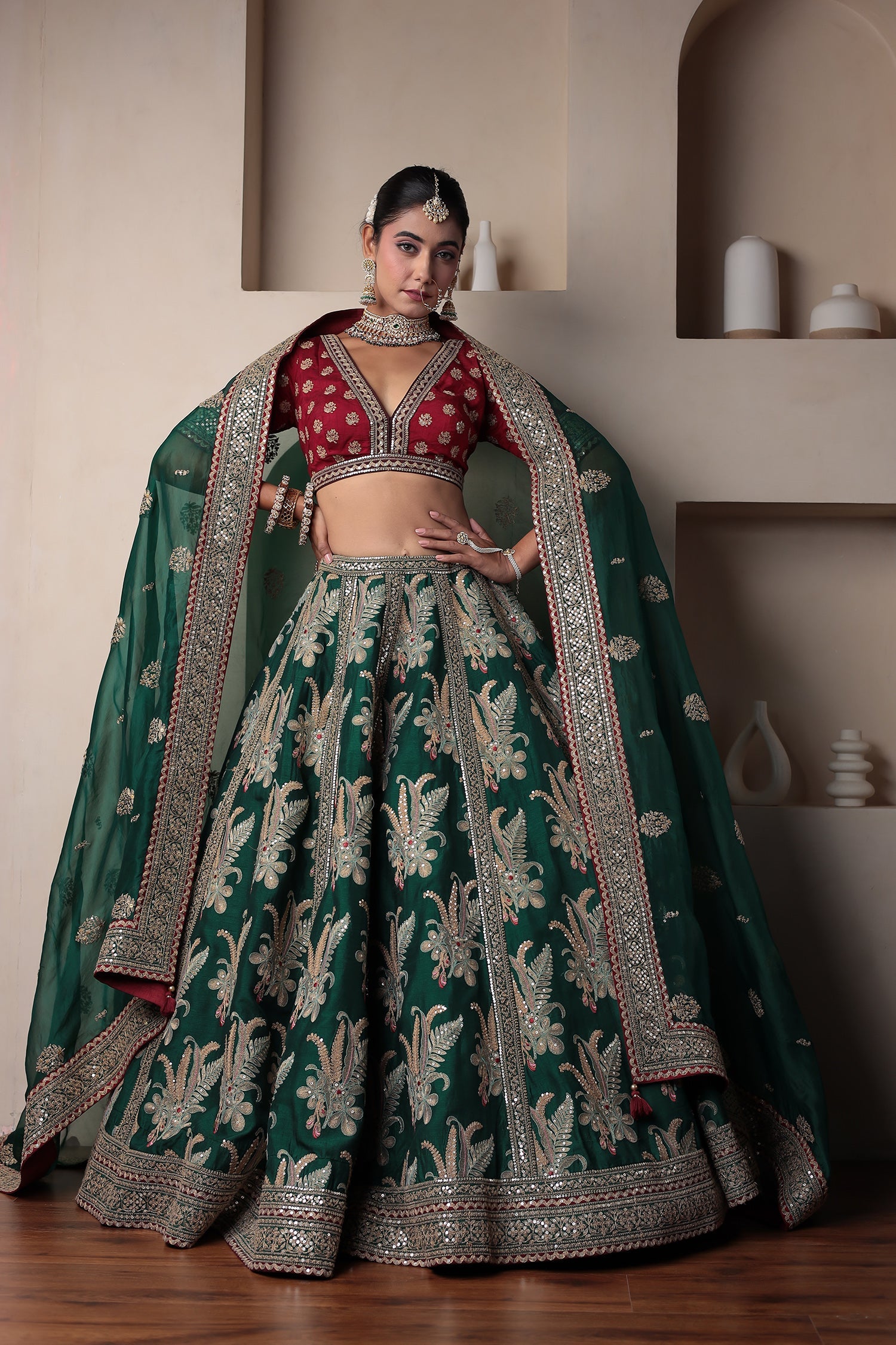 Raw Silk Lehenga Embellished with Gota Patti and Thread work