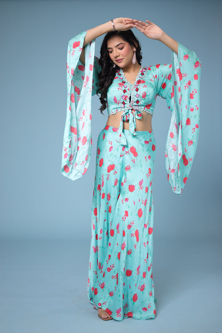 Printed Satin Silk Indowestern with Sequins work