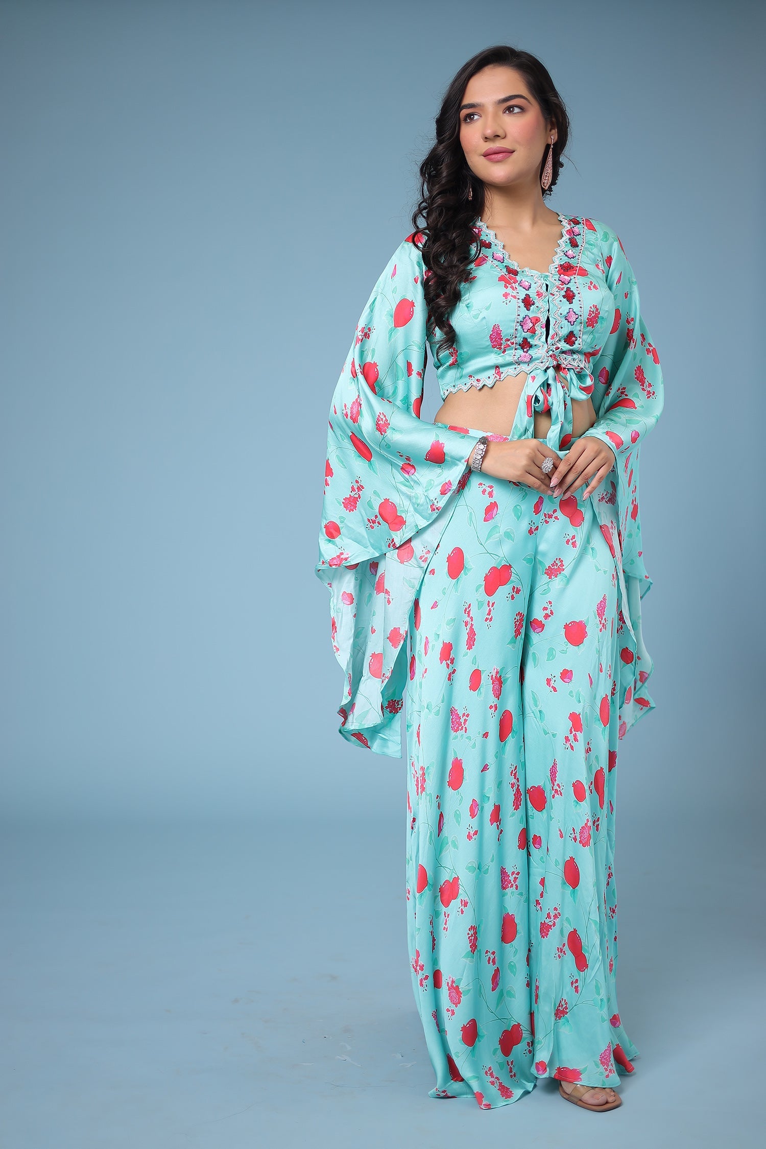 Printed Satin Silk Indowestern with Sequins work