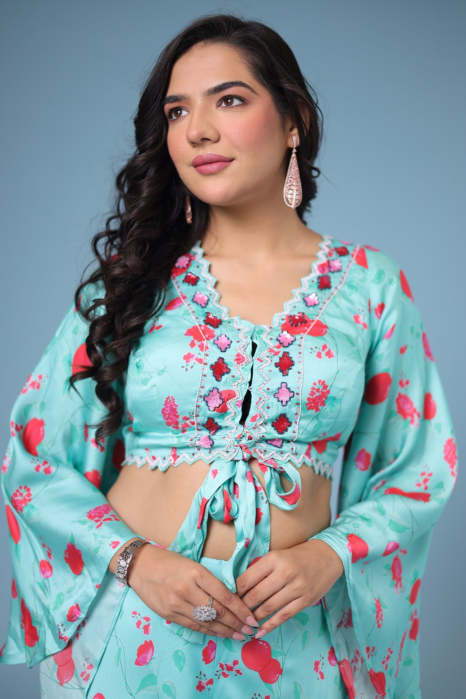 Printed Satin Silk Indowestern with Sequins work