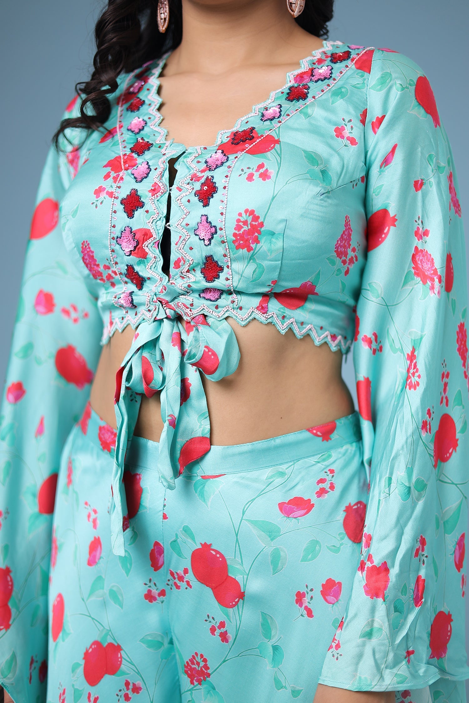 Printed Satin Silk Indowestern with Sequins work