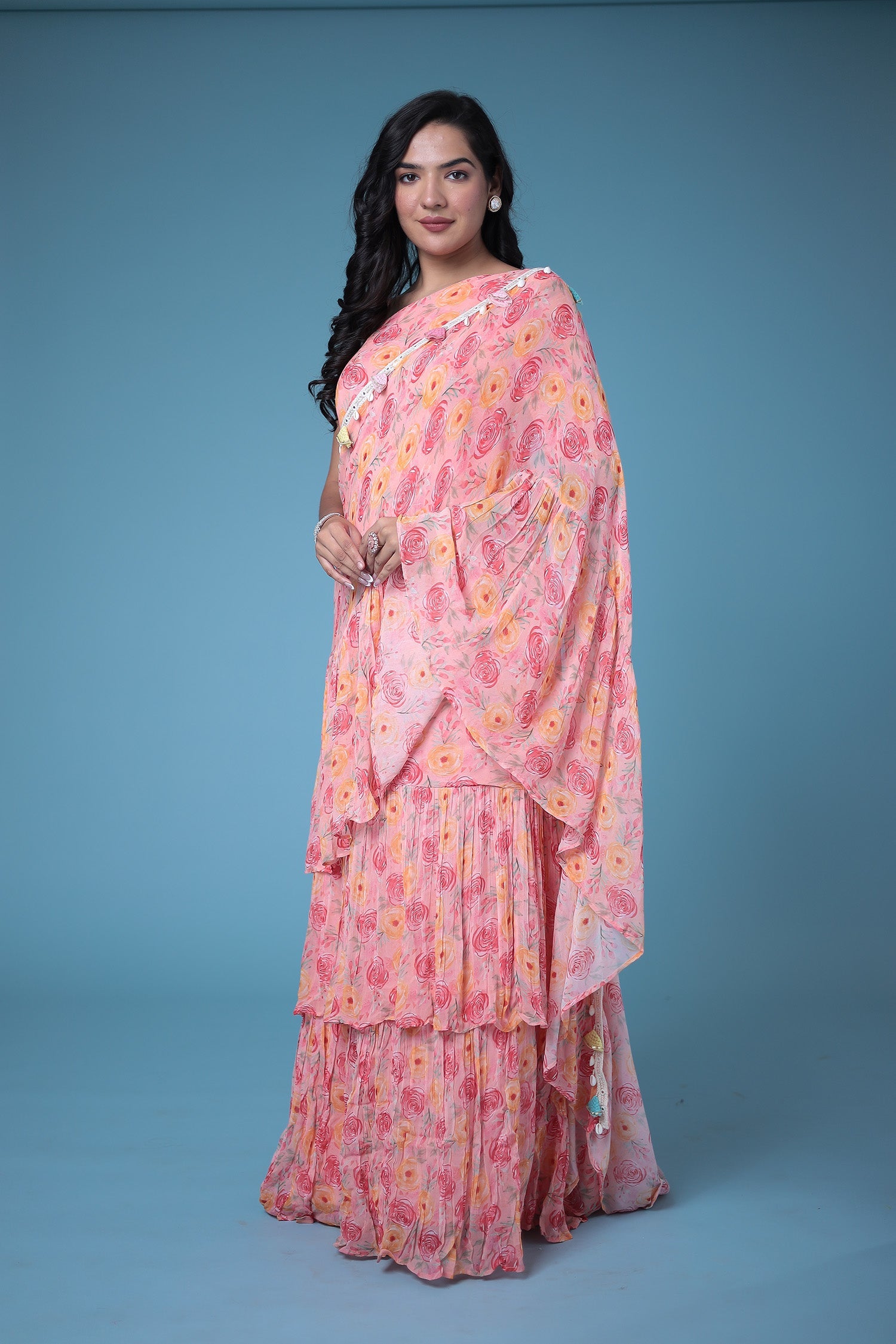 Digital Printed Pre-stitched Art Georgette Ruffle Saree