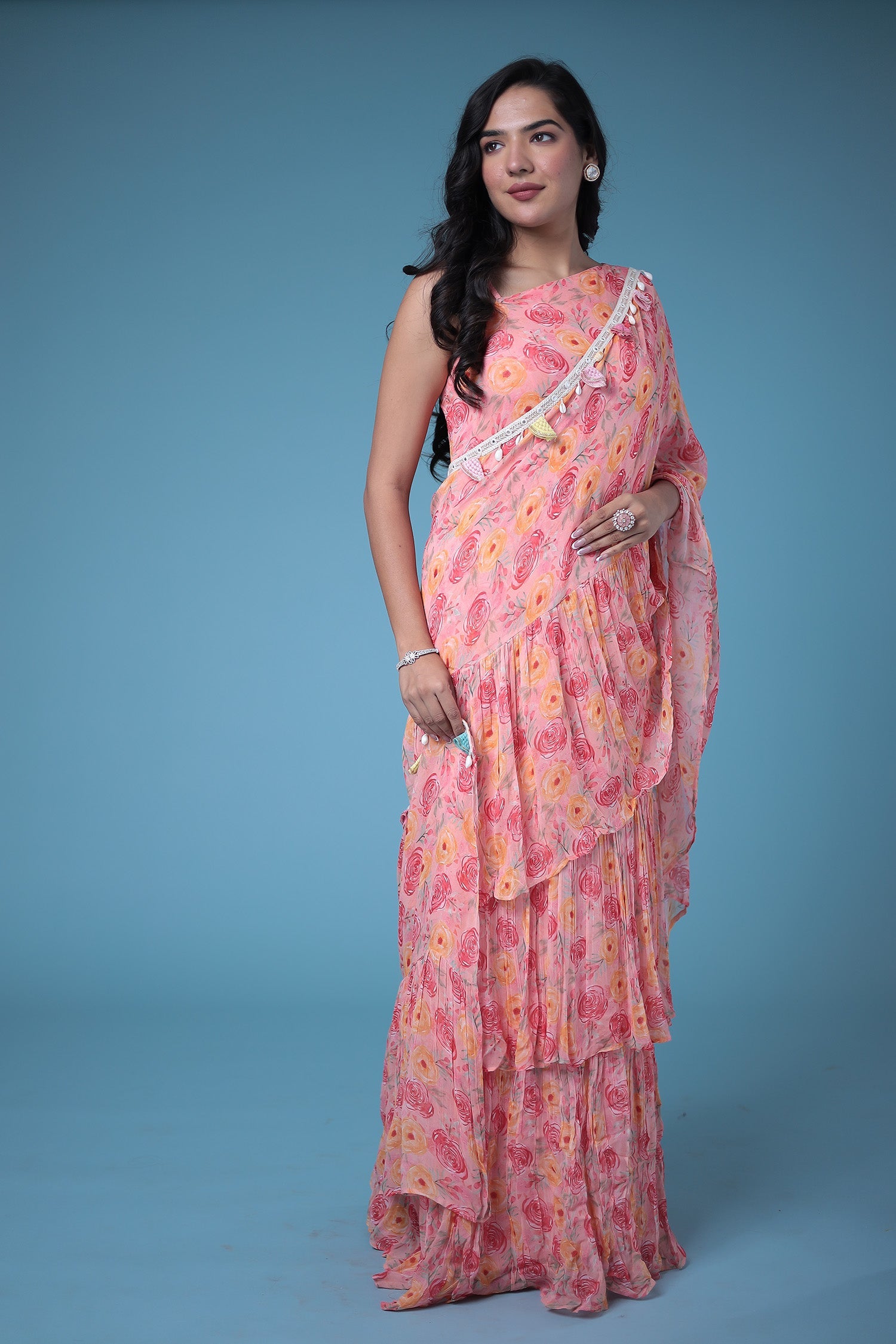 Digital Printed Pre-stitched Art Georgette Ruffle Saree
