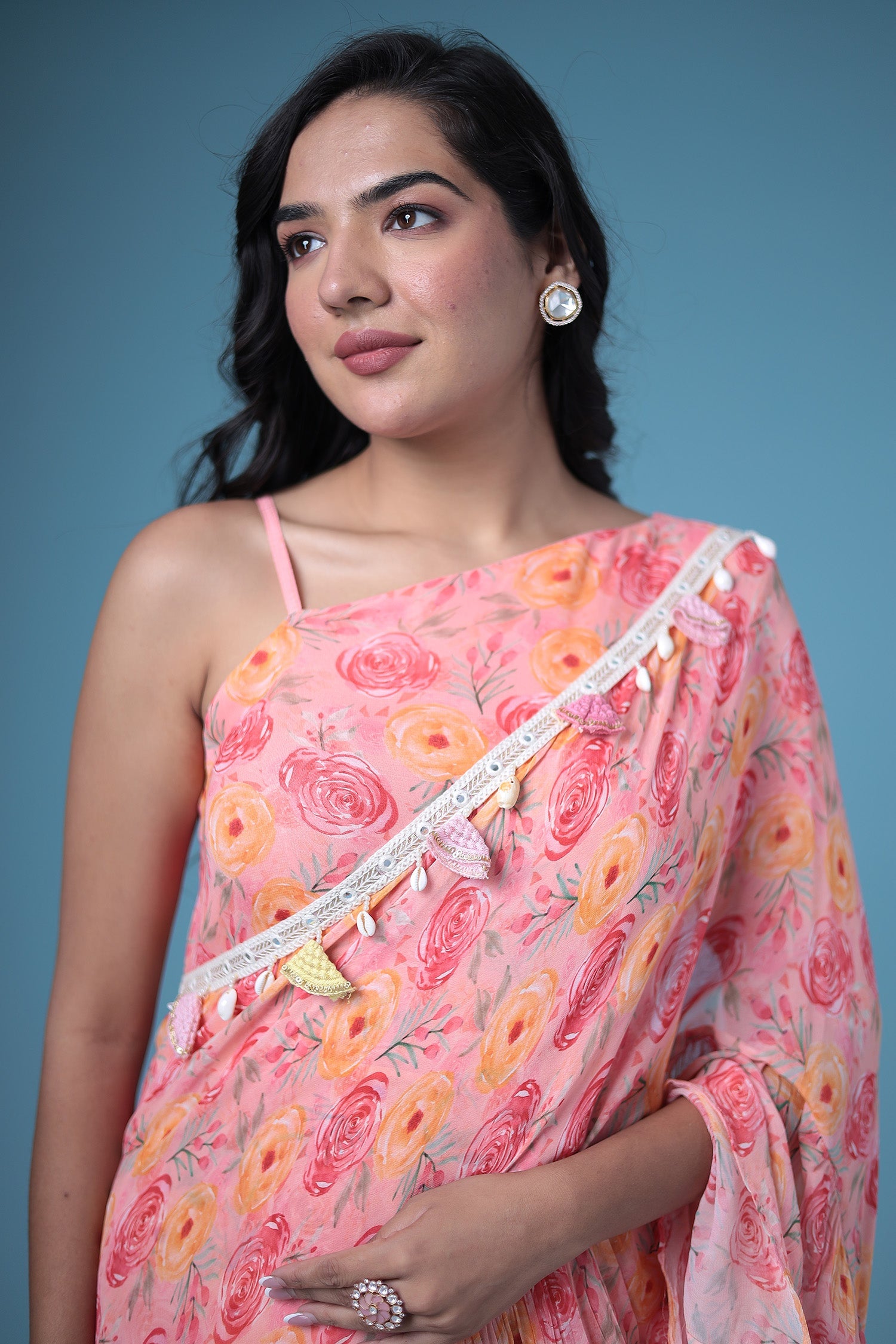 Digital Printed Pre-stitched Art Georgette Ruffle Saree