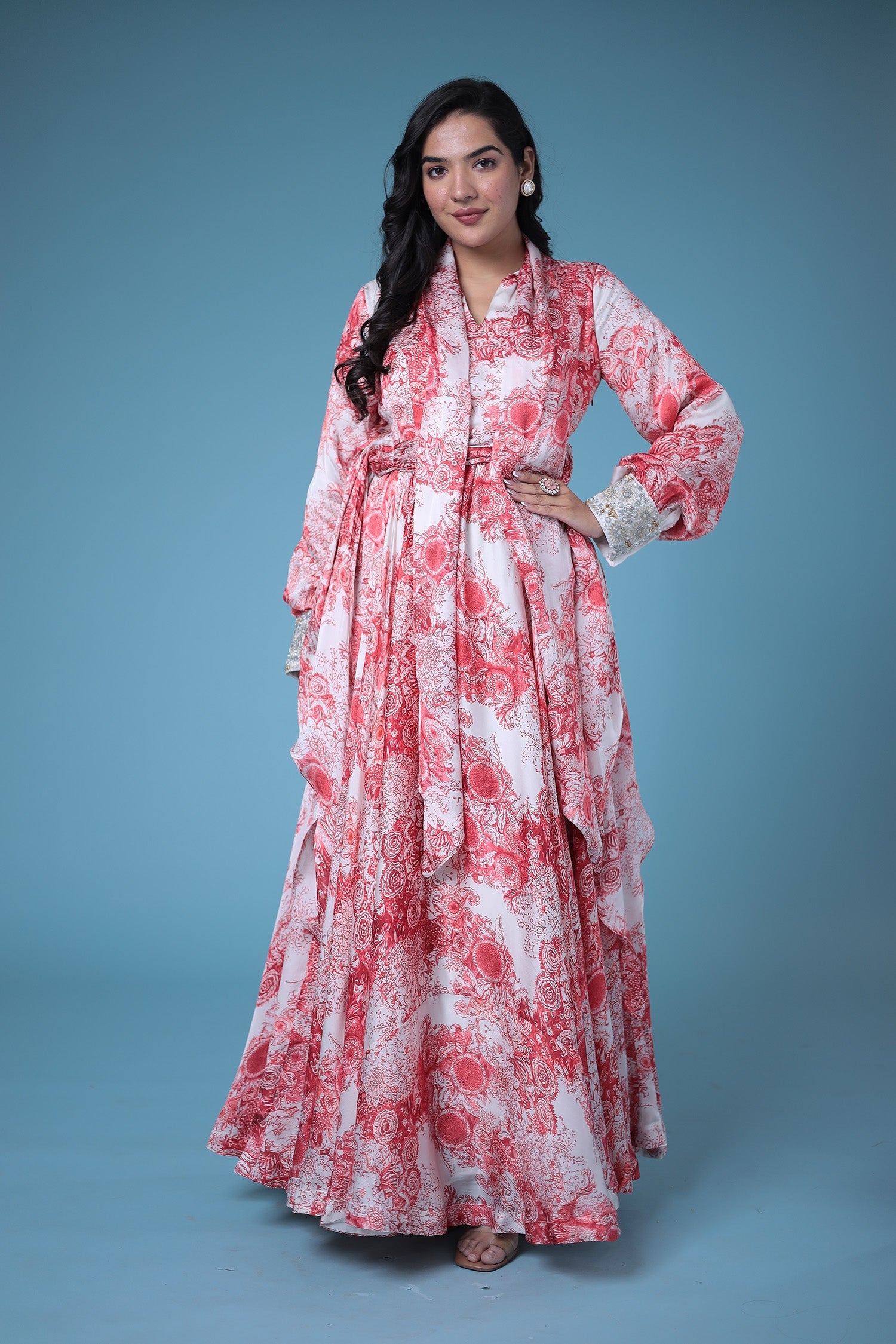 Printed Modal Satin Gown with Pearl work