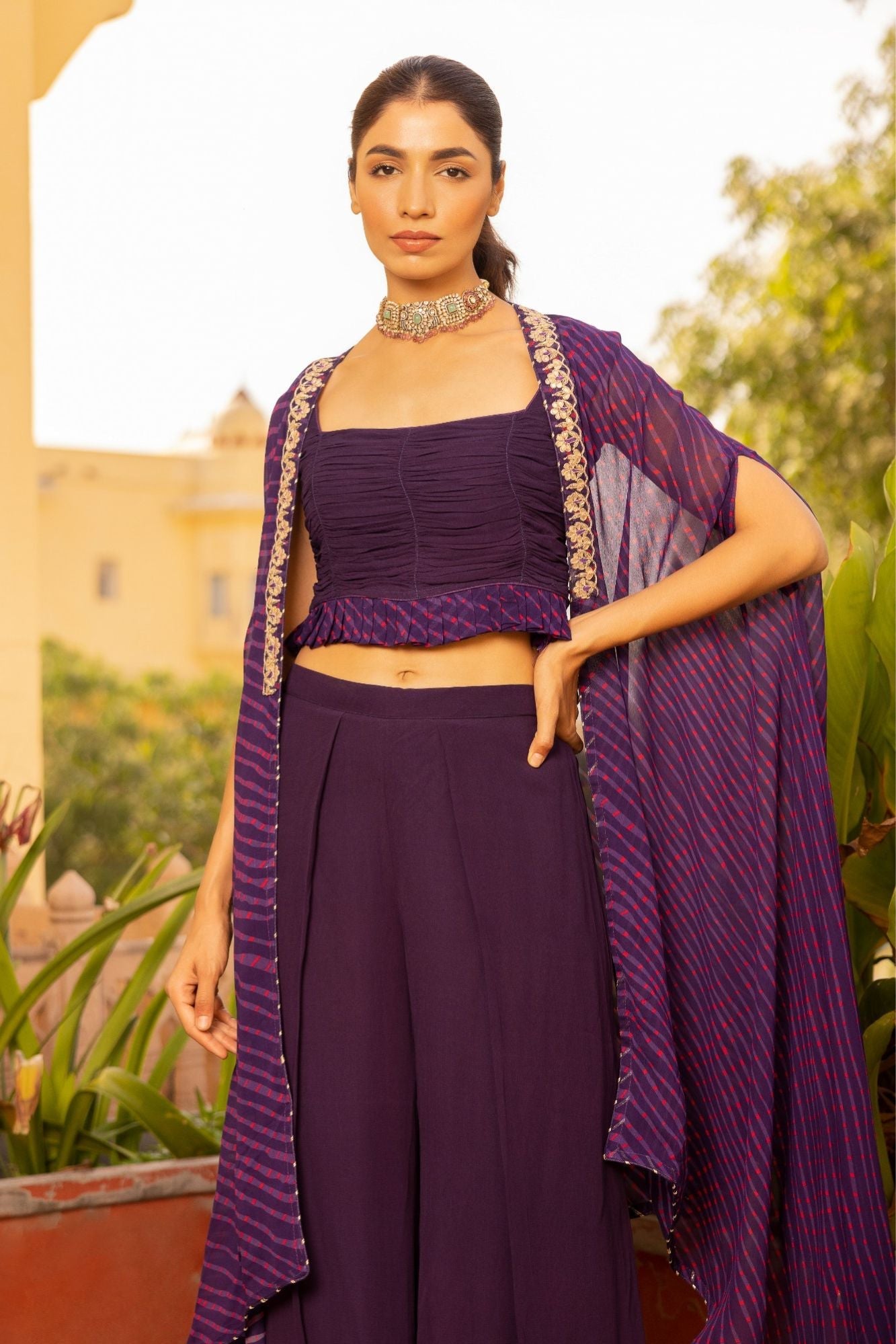 Mothra Georgette Palazzo Suit with Embroidered Cape Jacket