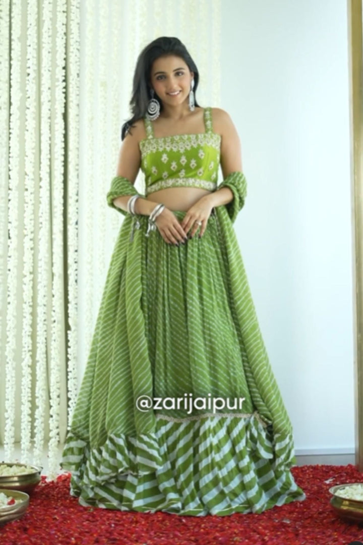 Leheriya Georgette Lehenga with Gota Patti and Mothra work.