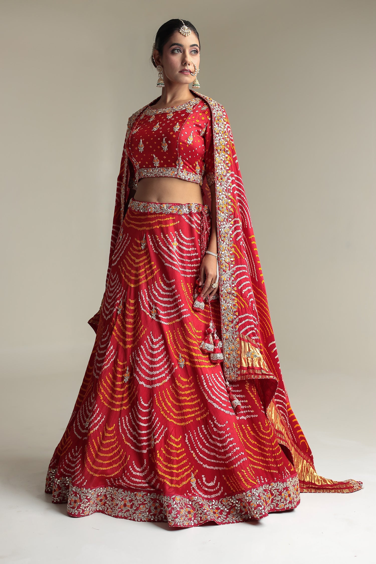 Satin Bandhej Lehenga Embroidered with Gota Patti work