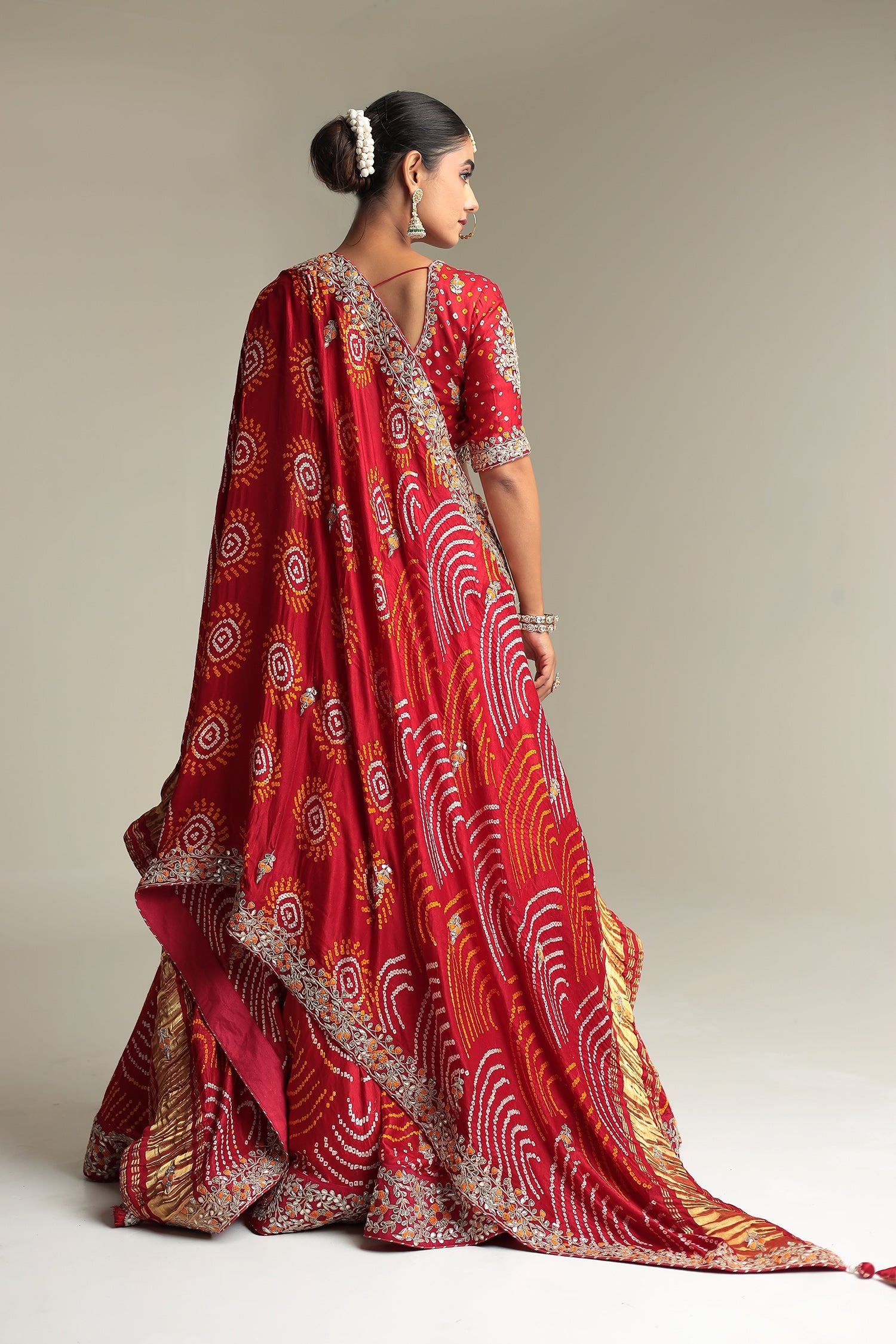 Satin Bandhej Lehenga Embroidered with Gota Patti work