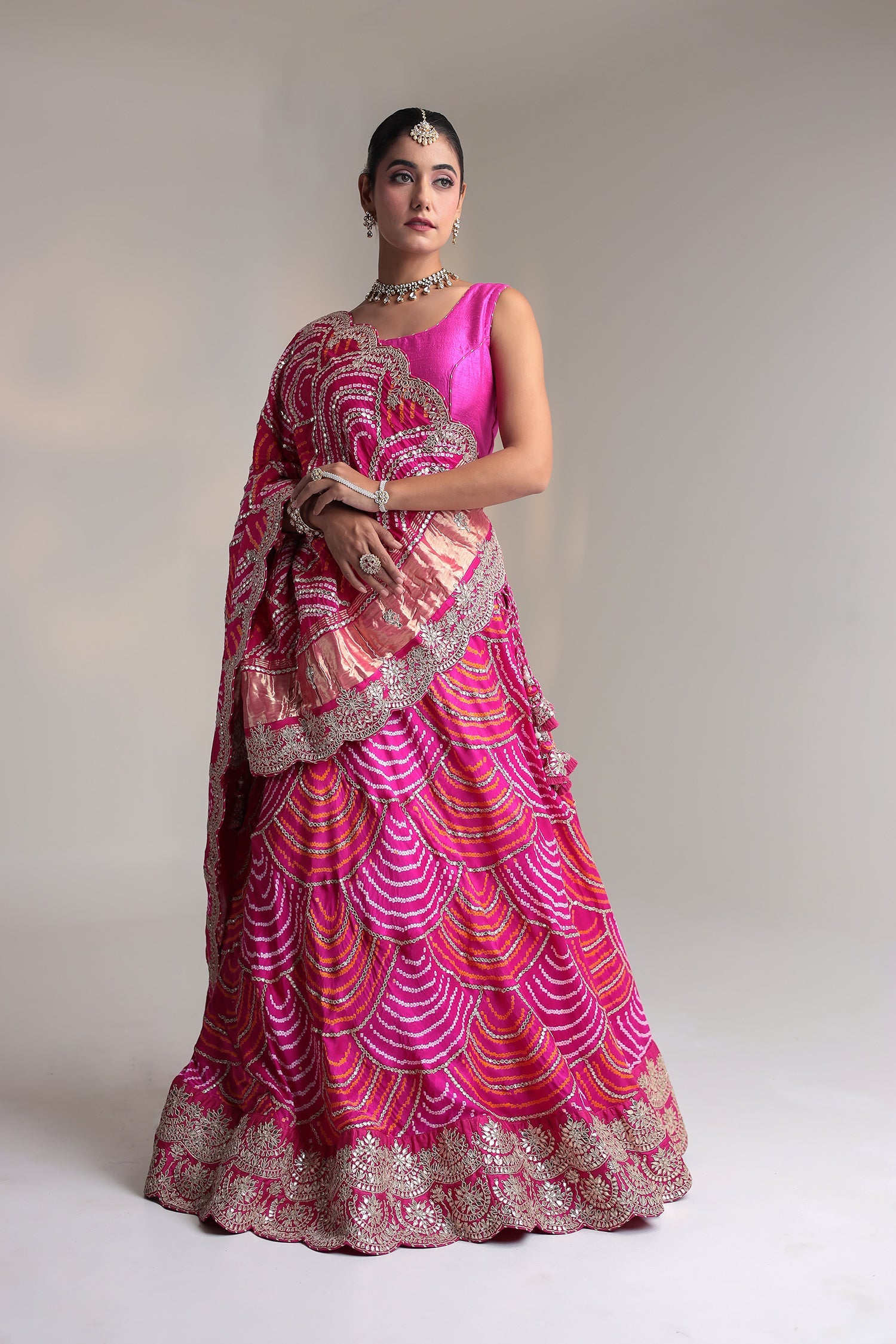 Bandhej Satin Bandhej Lehenga with Dori and Gota Patti work