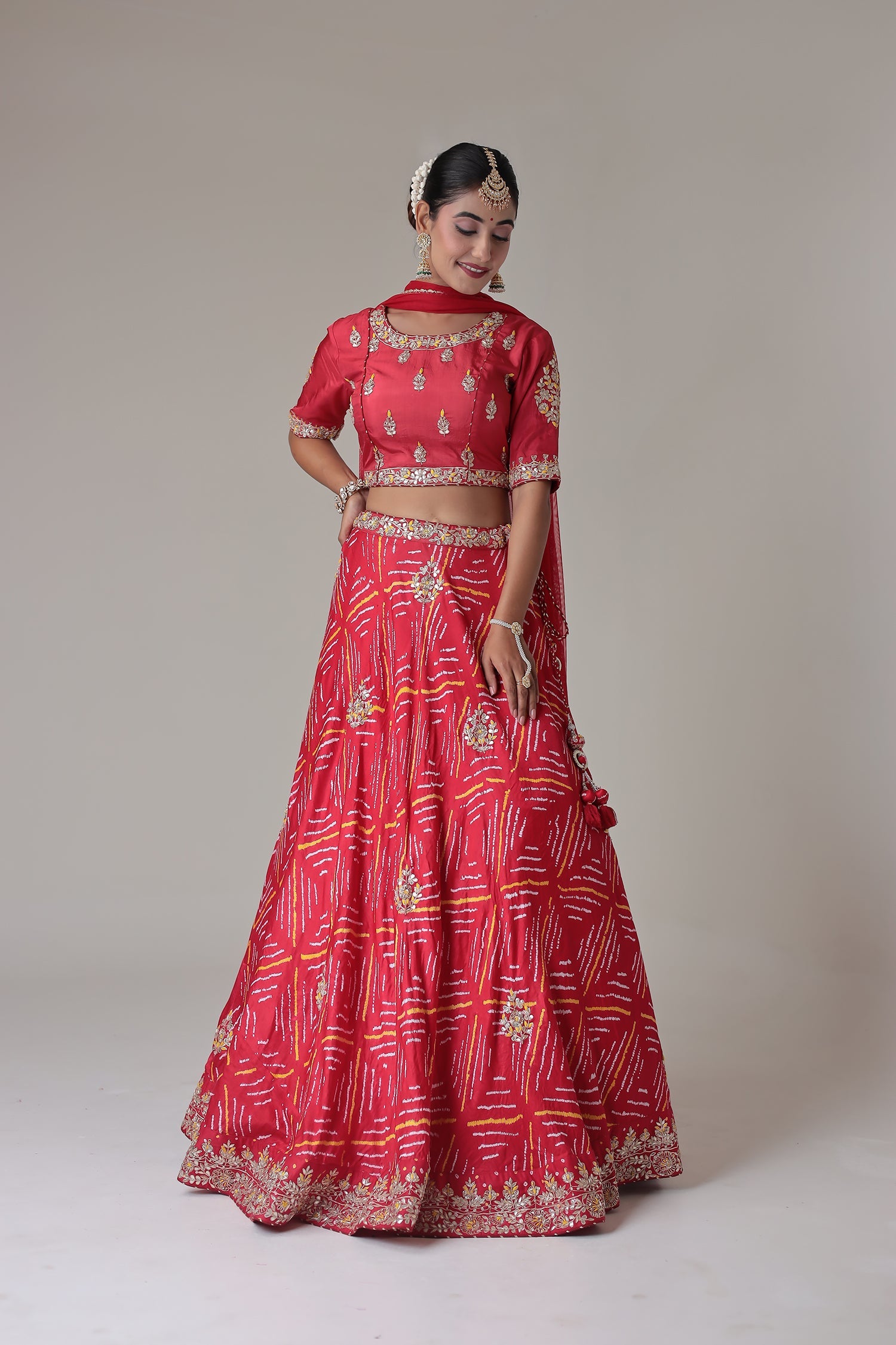Bandhej Satin Silk Lehenga with Zardozi and Embroidered work