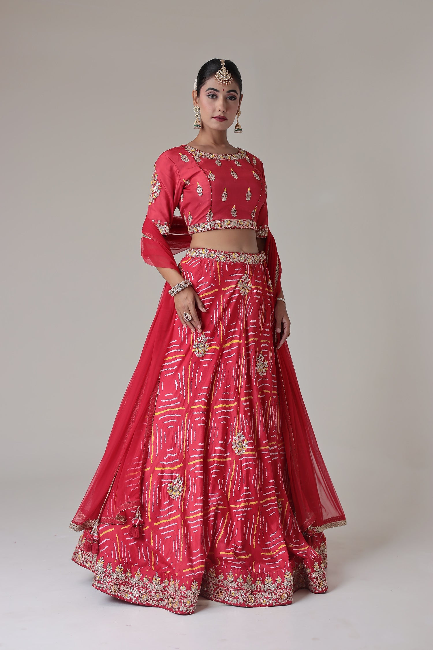 Bandhej Satin Silk Lehenga with Zardozi and Embroidered work