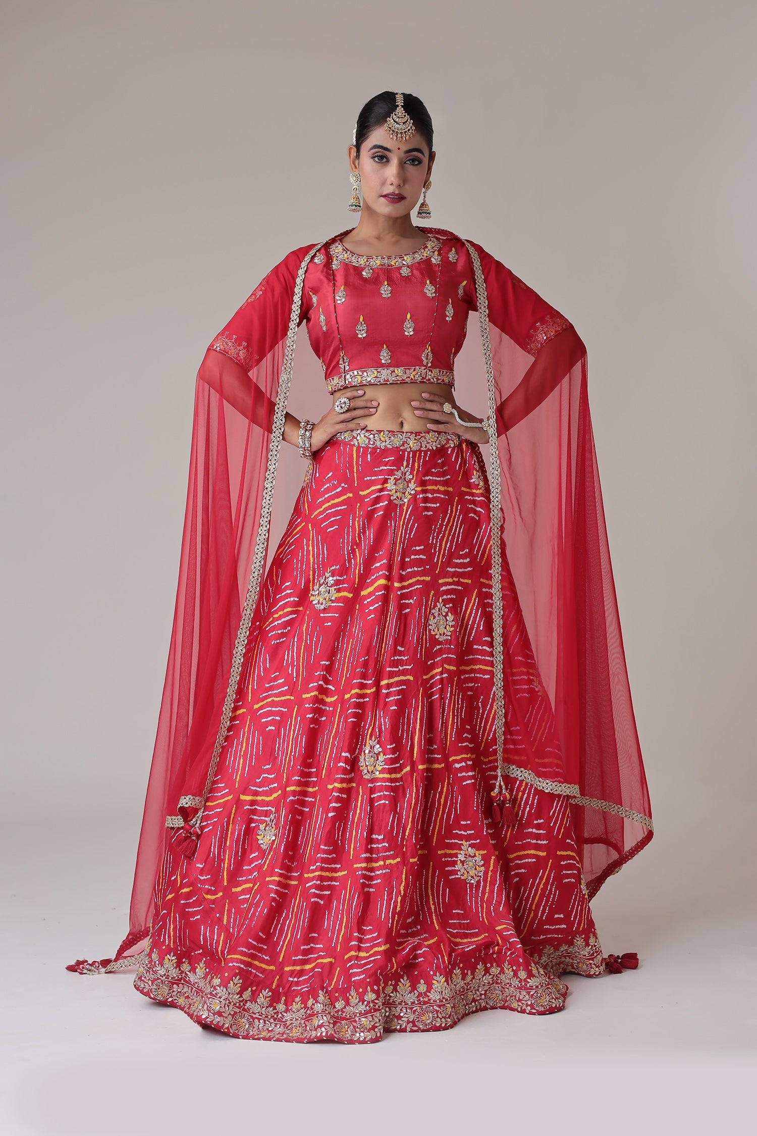Bandhej Satin Silk Lehenga with Zardozi and Embroidered work