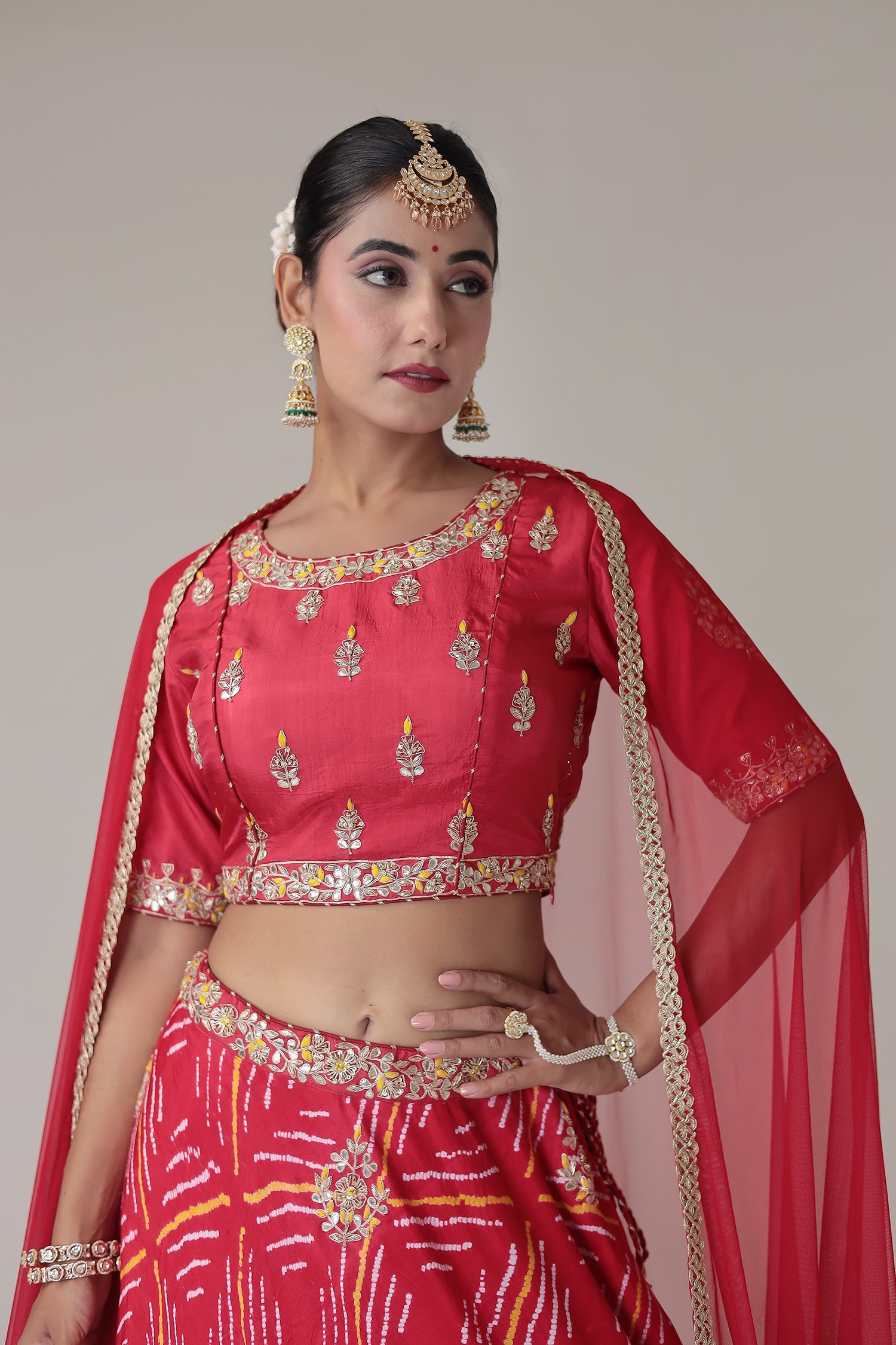 Bandhej Satin Silk Lehenga with Zardozi and Embroidered work
