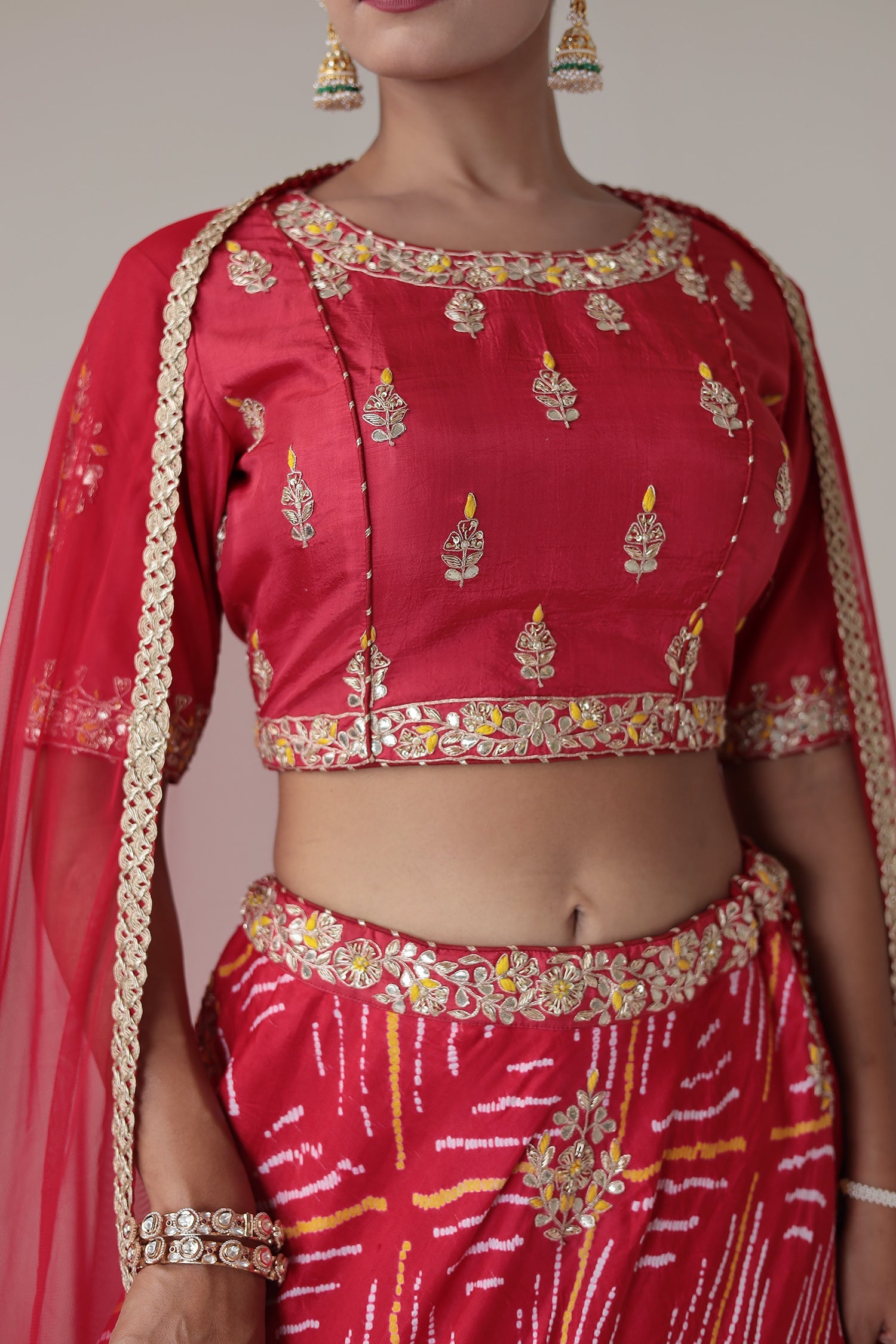 Bandhej Satin Silk Lehenga with Zardozi and Embroidered work