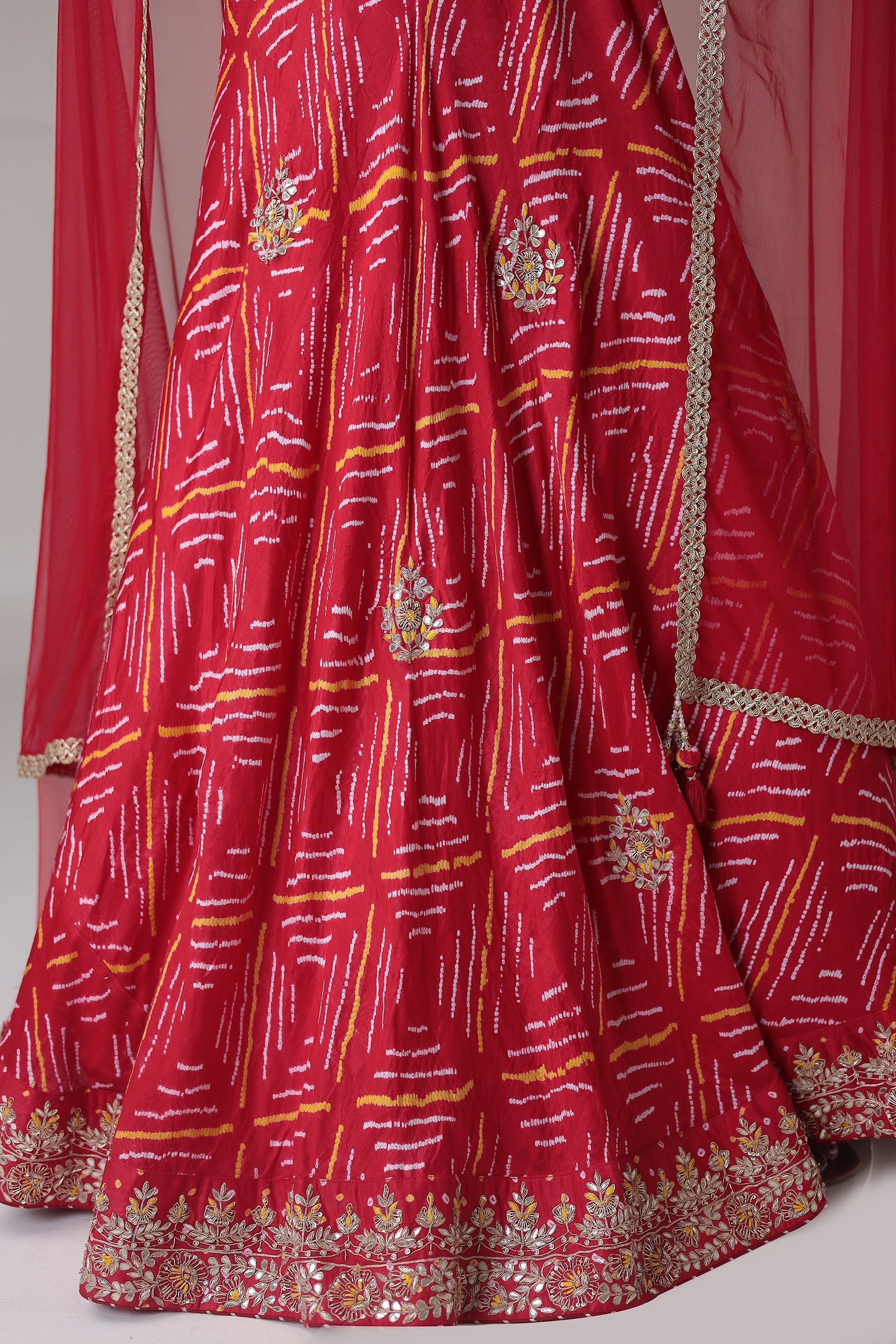 Bandhej Satin Silk Lehenga with Zardozi and Embroidered work