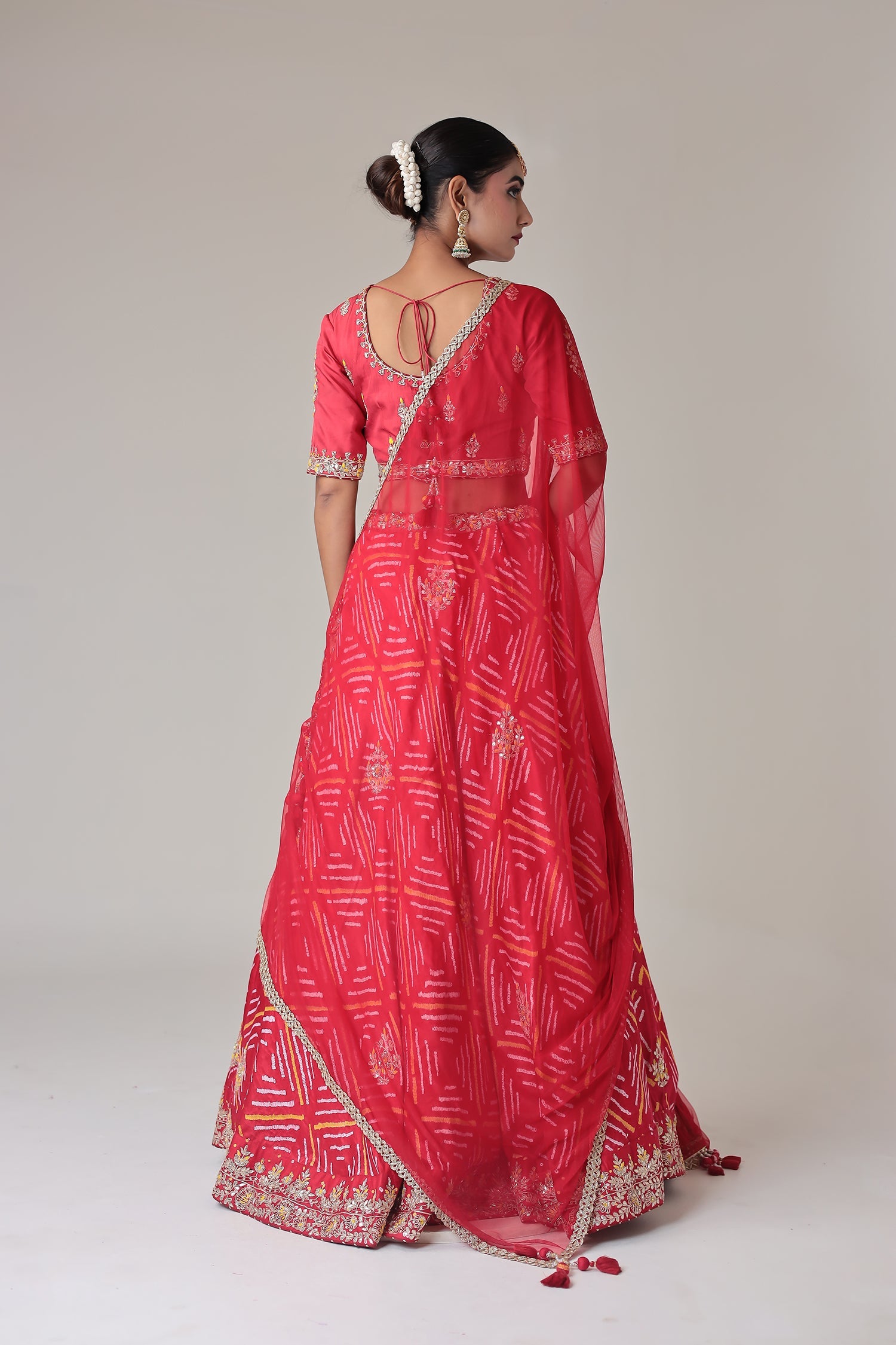 Bandhej Satin Silk Lehenga with Zardozi and Embroidered work