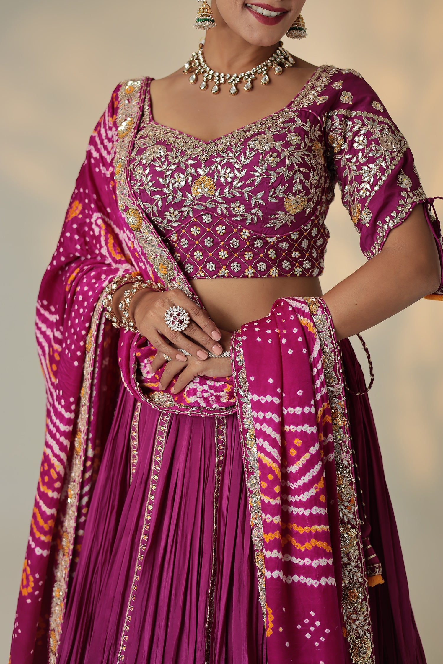 Bandhej Silk Lehenga Embellished with Zardozi work