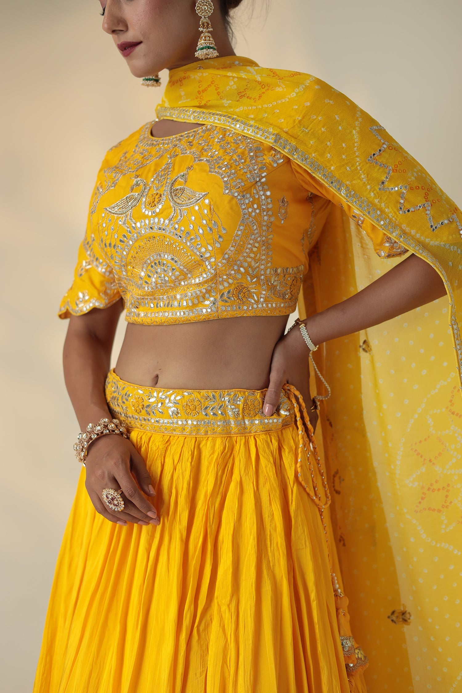 Bandhej Silk Lehenga with Gota Patti and Embroidered work