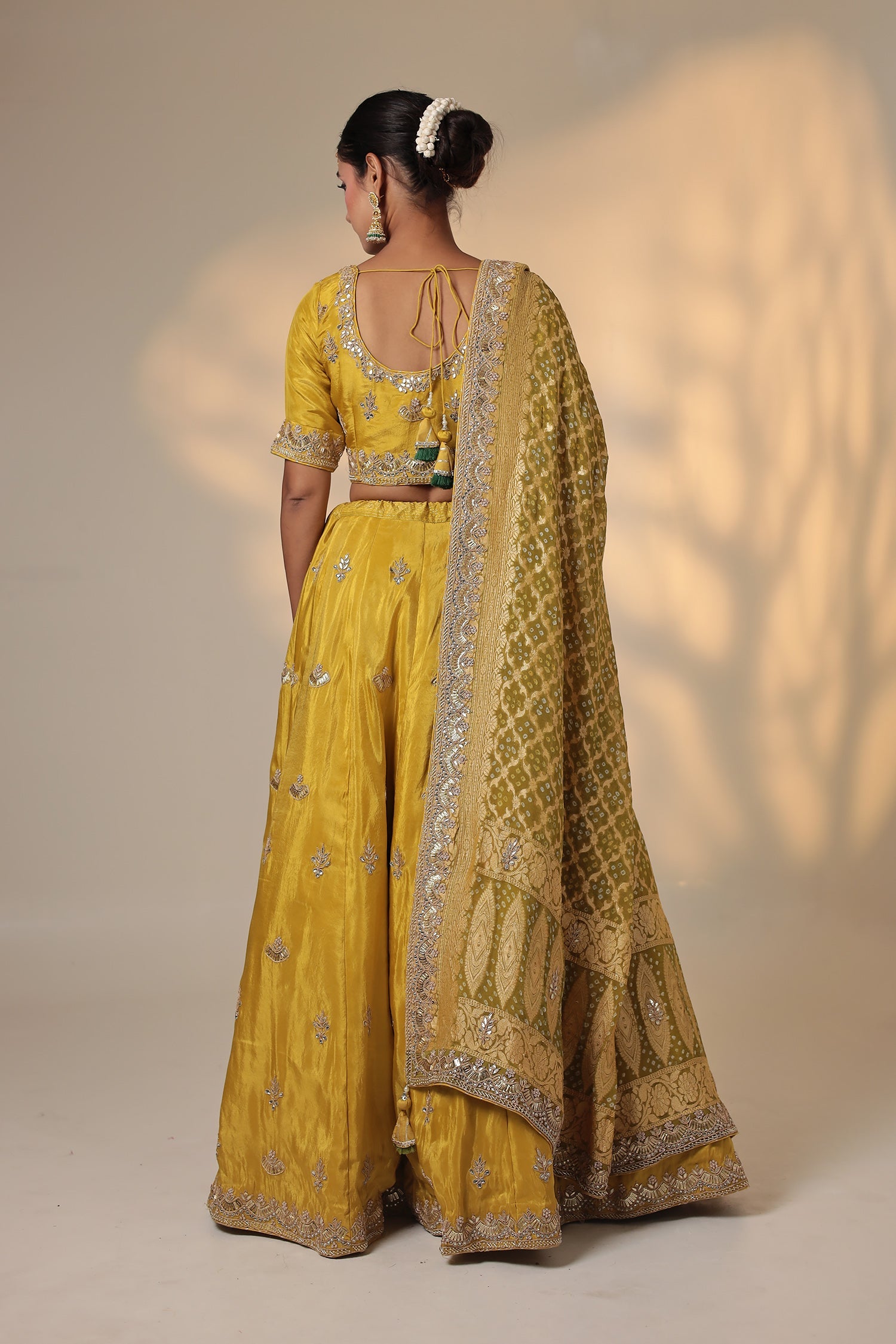 Embellished Silk Lehenga with Contrast Bandhej Dupatta