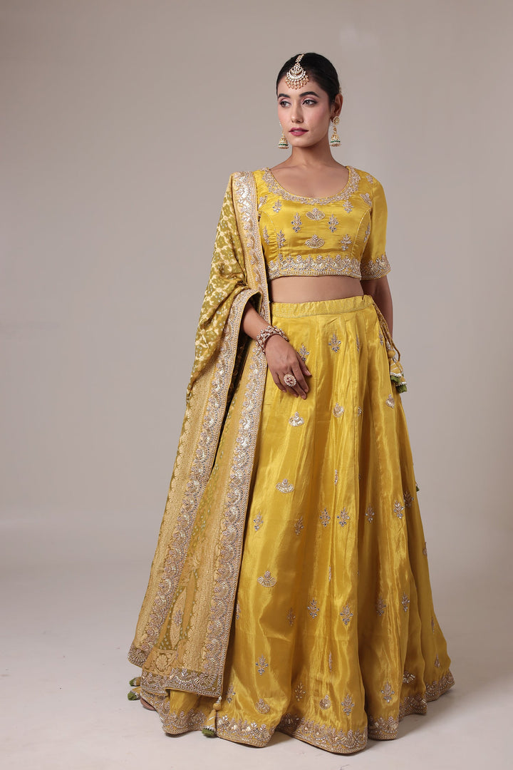 Embellished Silk Lehenga with Contrast Bandhej Dupatta