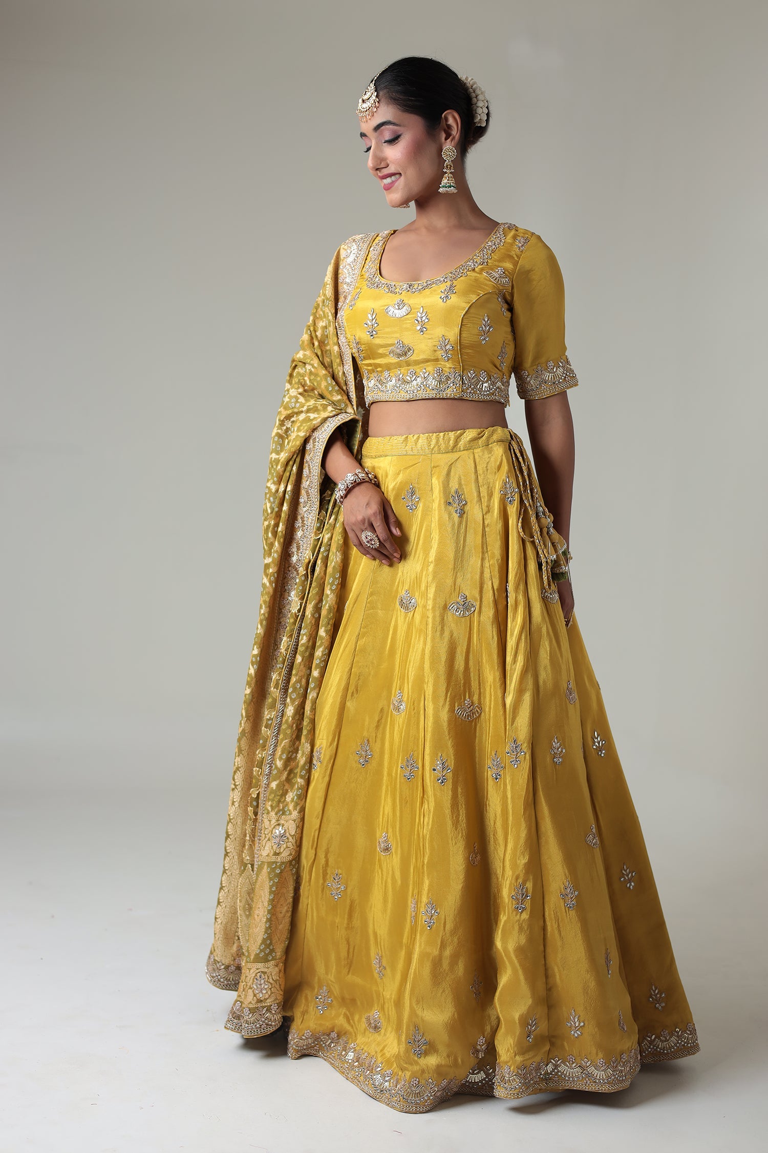 Embellished Silk Lehenga with Contrast Bandhej Dupatta