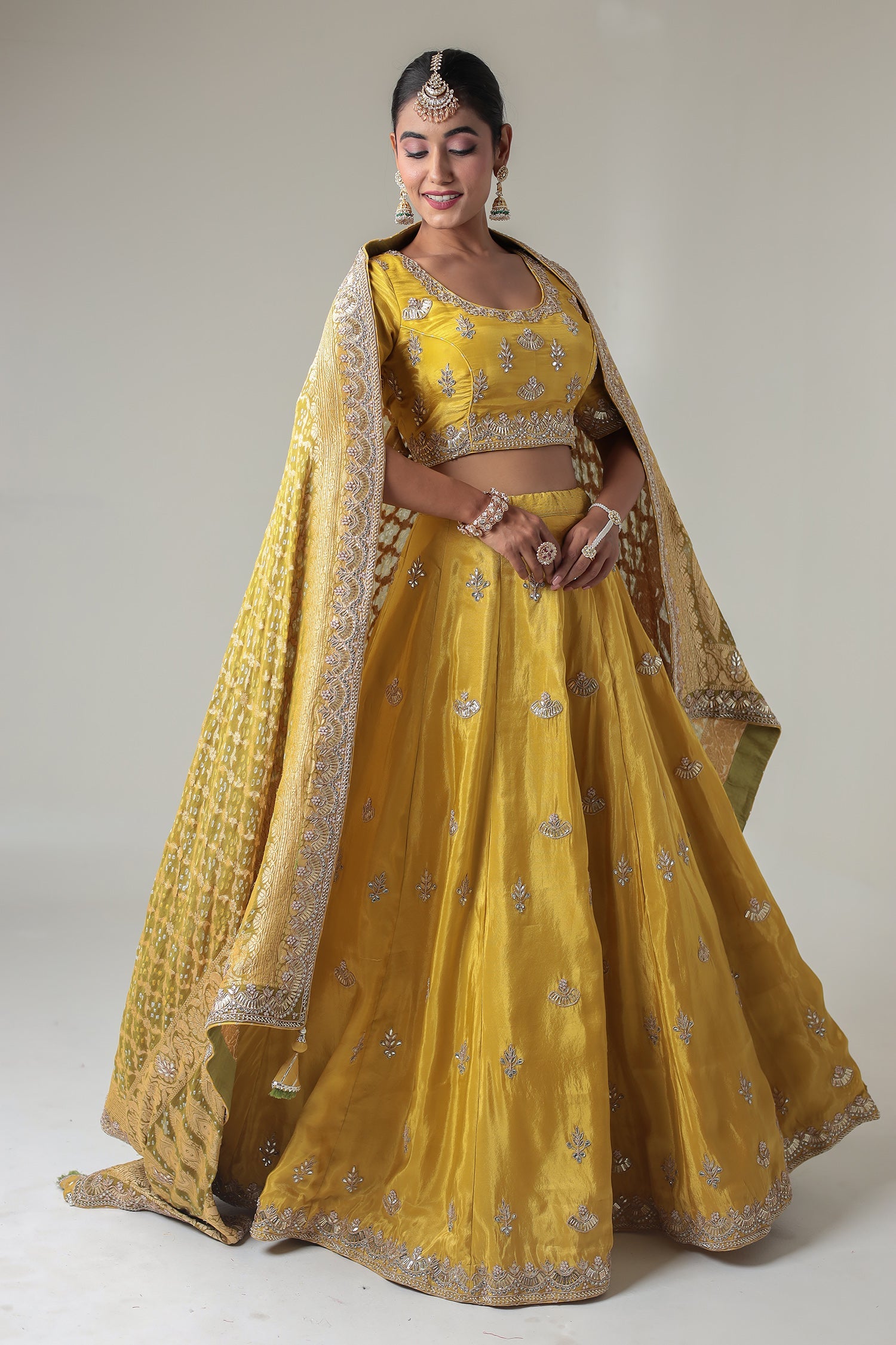 Embellished Silk Lehenga with Contrast Bandhej Dupatta