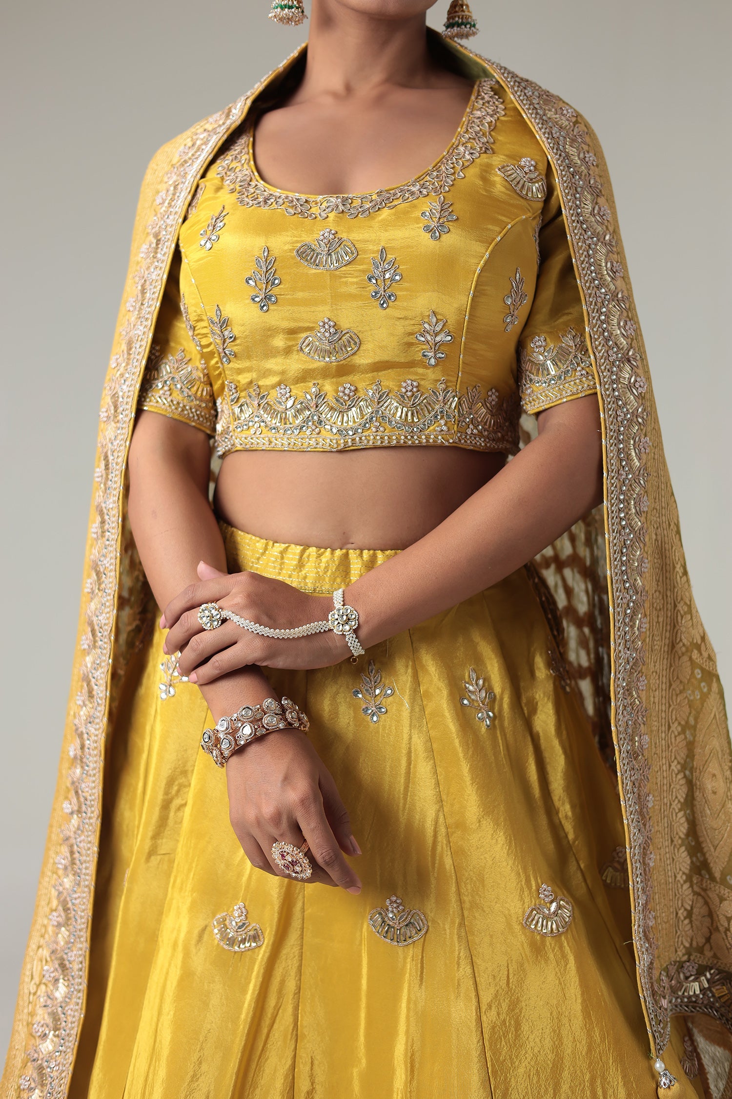 Embellished Silk Lehenga with Contrast Bandhej Dupatta
