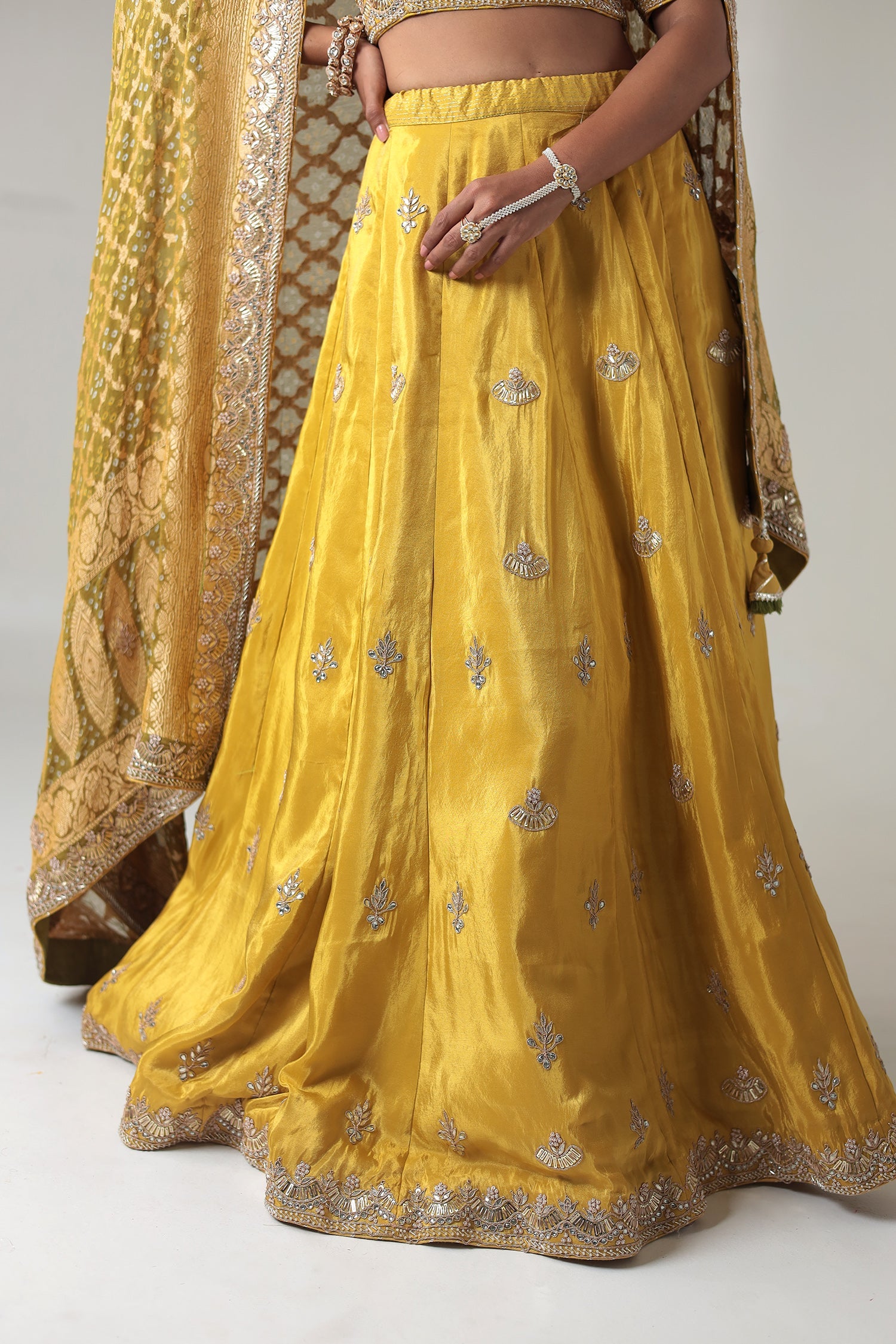 Embellished Silk Lehenga with Contrast Bandhej Dupatta