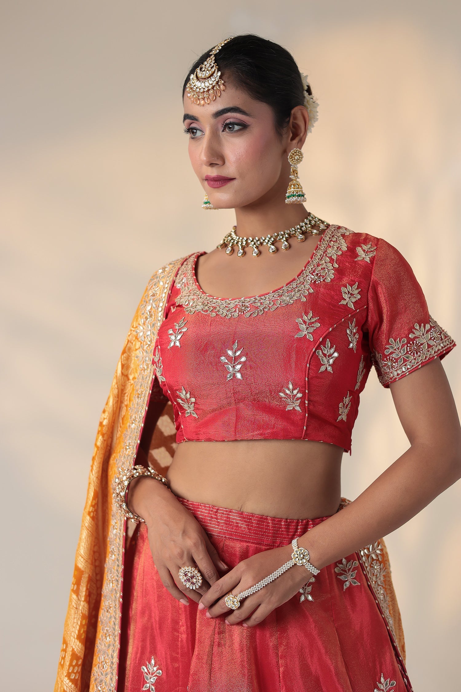 Tissue Lehenga Embellished with Gota Patti and Pearl work