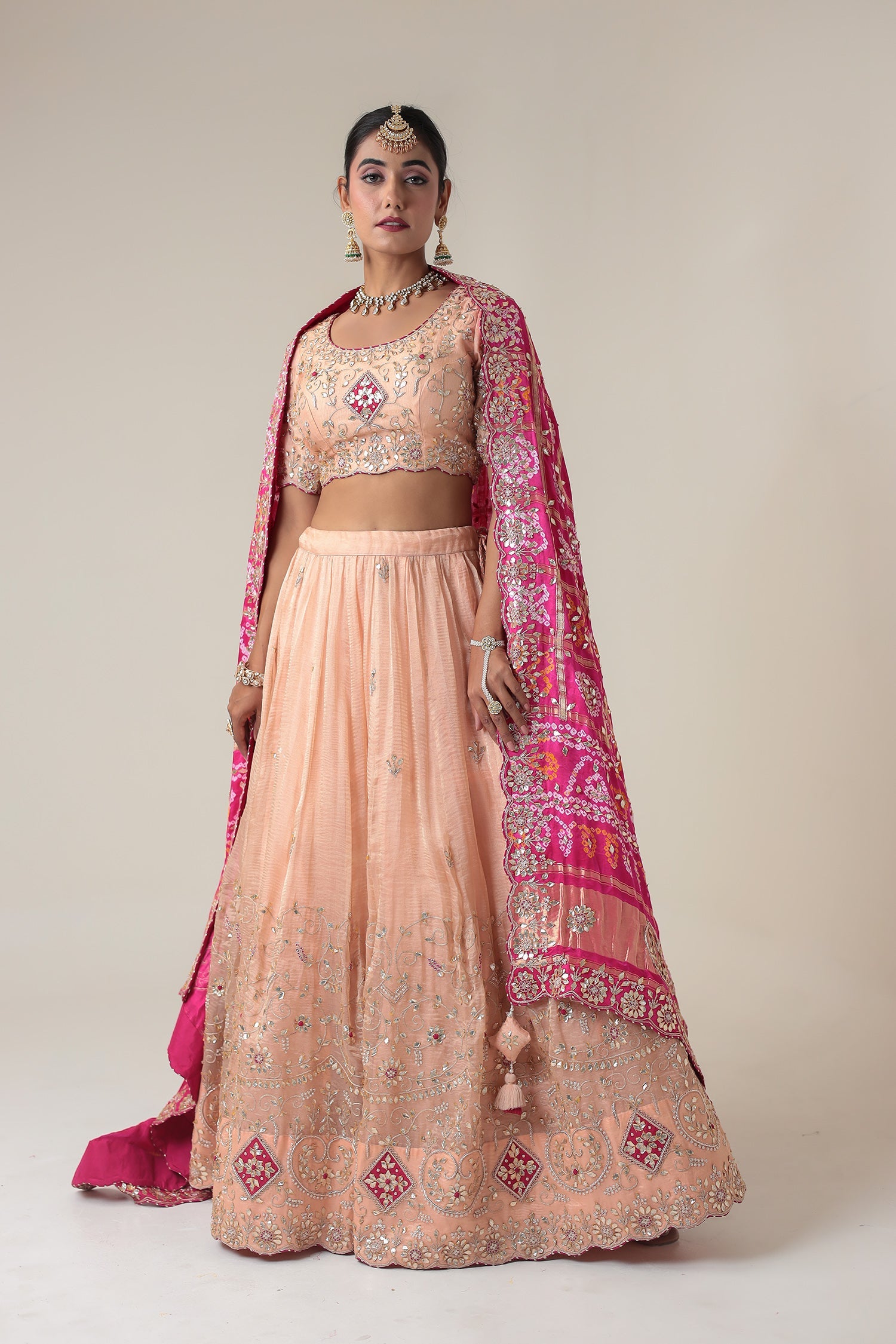 Bandhej Tissue Lehenga Embroidered with Gota Patti work