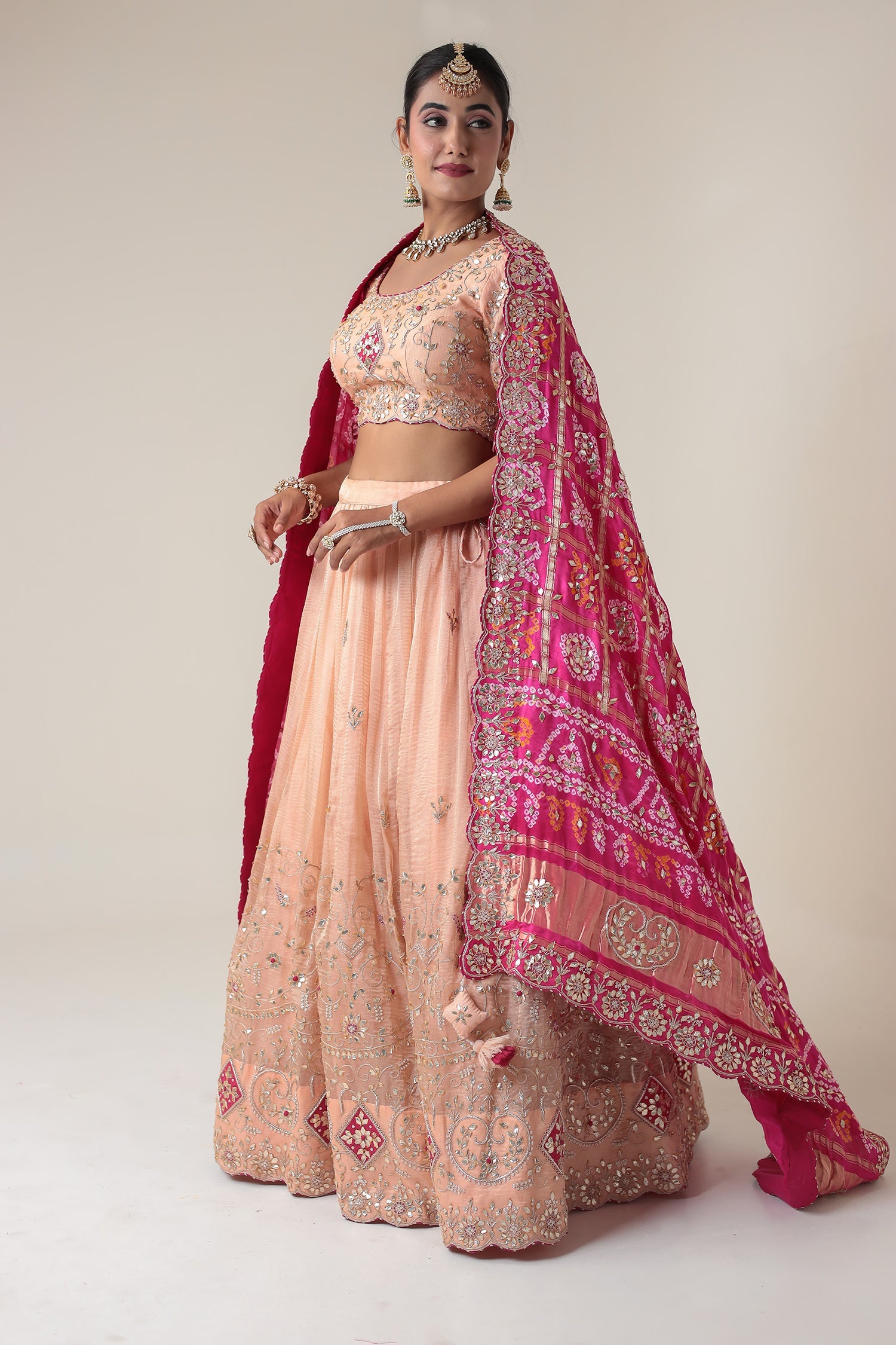 Bandhej Tissue Lehenga Embroidered with Gota Patti work