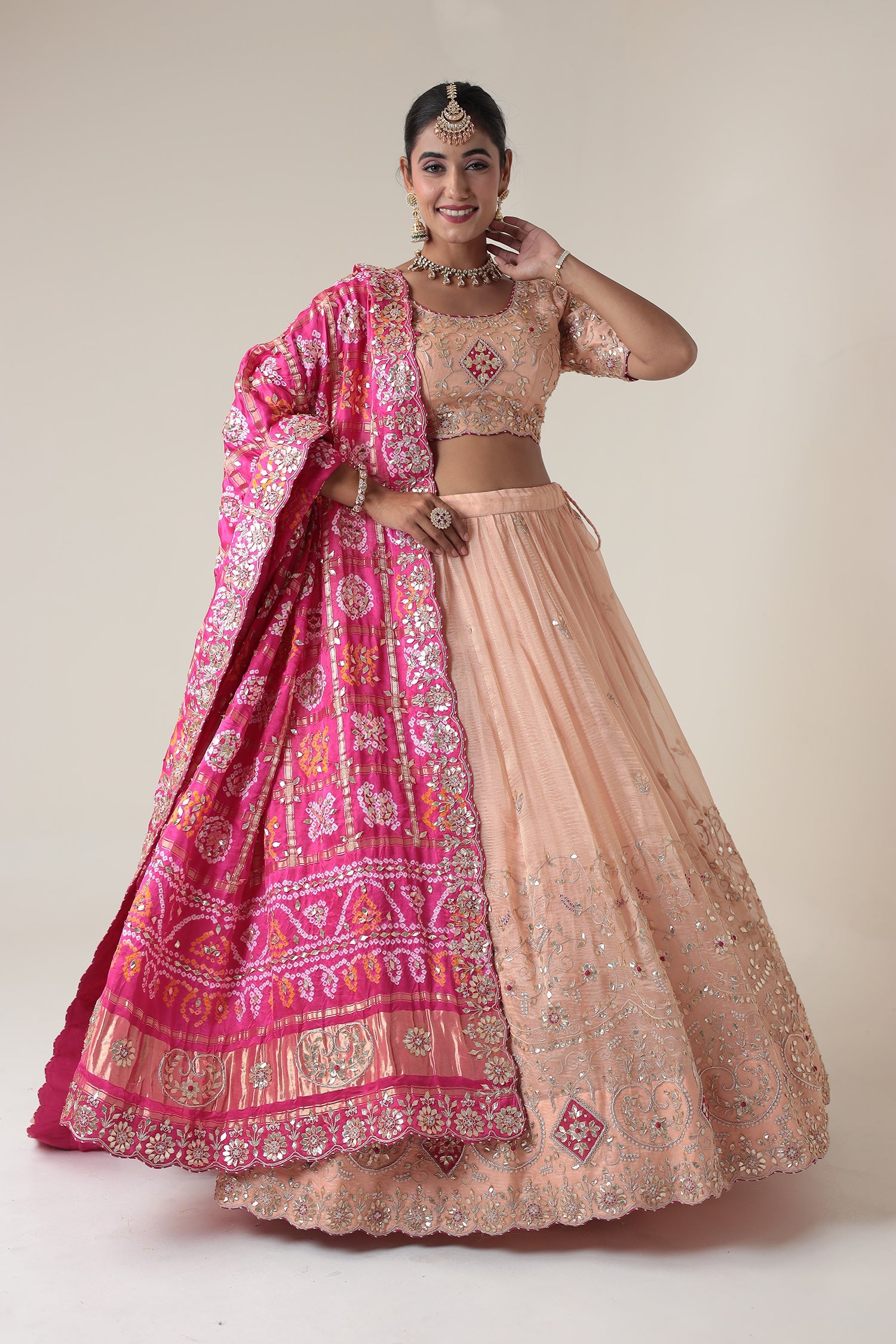 Bandhej Tissue Lehenga Embroidered with Gota Patti work