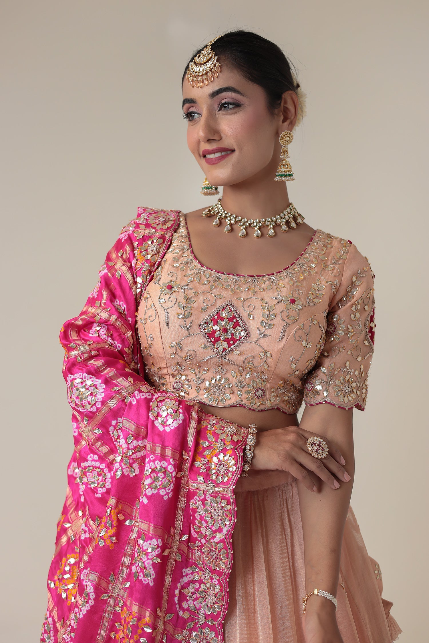 Bandhej Tissue Lehenga Embroidered with Gota Patti work