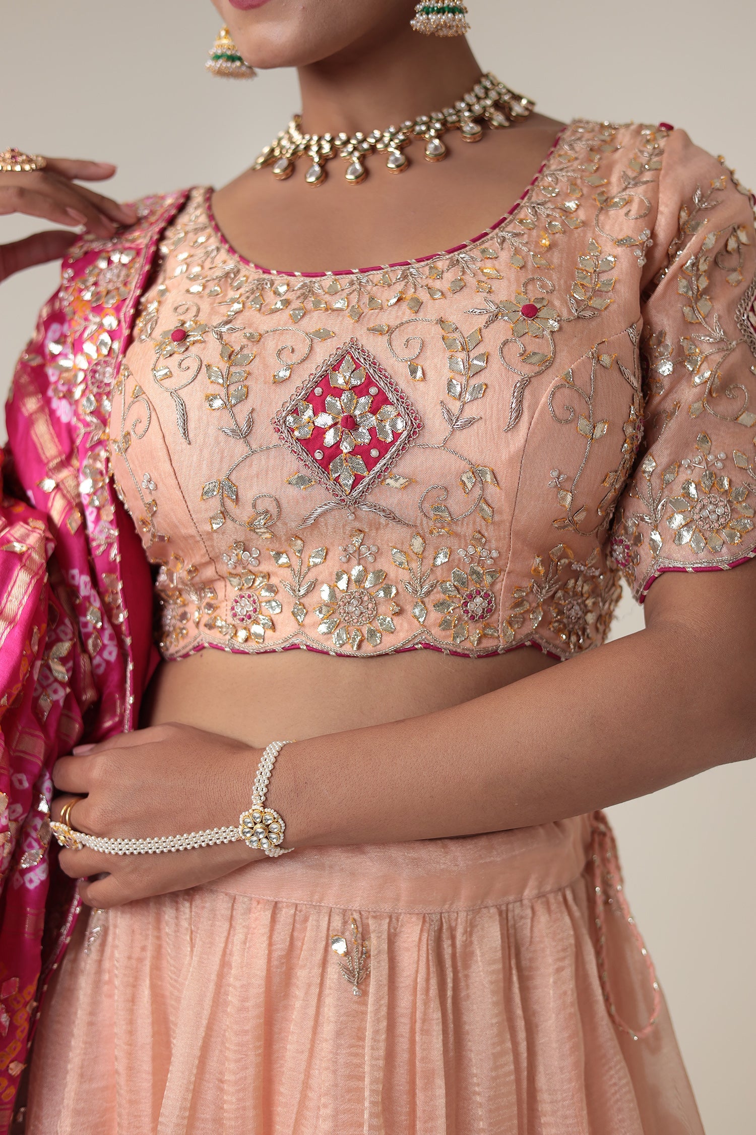 Bandhej Tissue Lehenga Embroidered with Gota Patti work