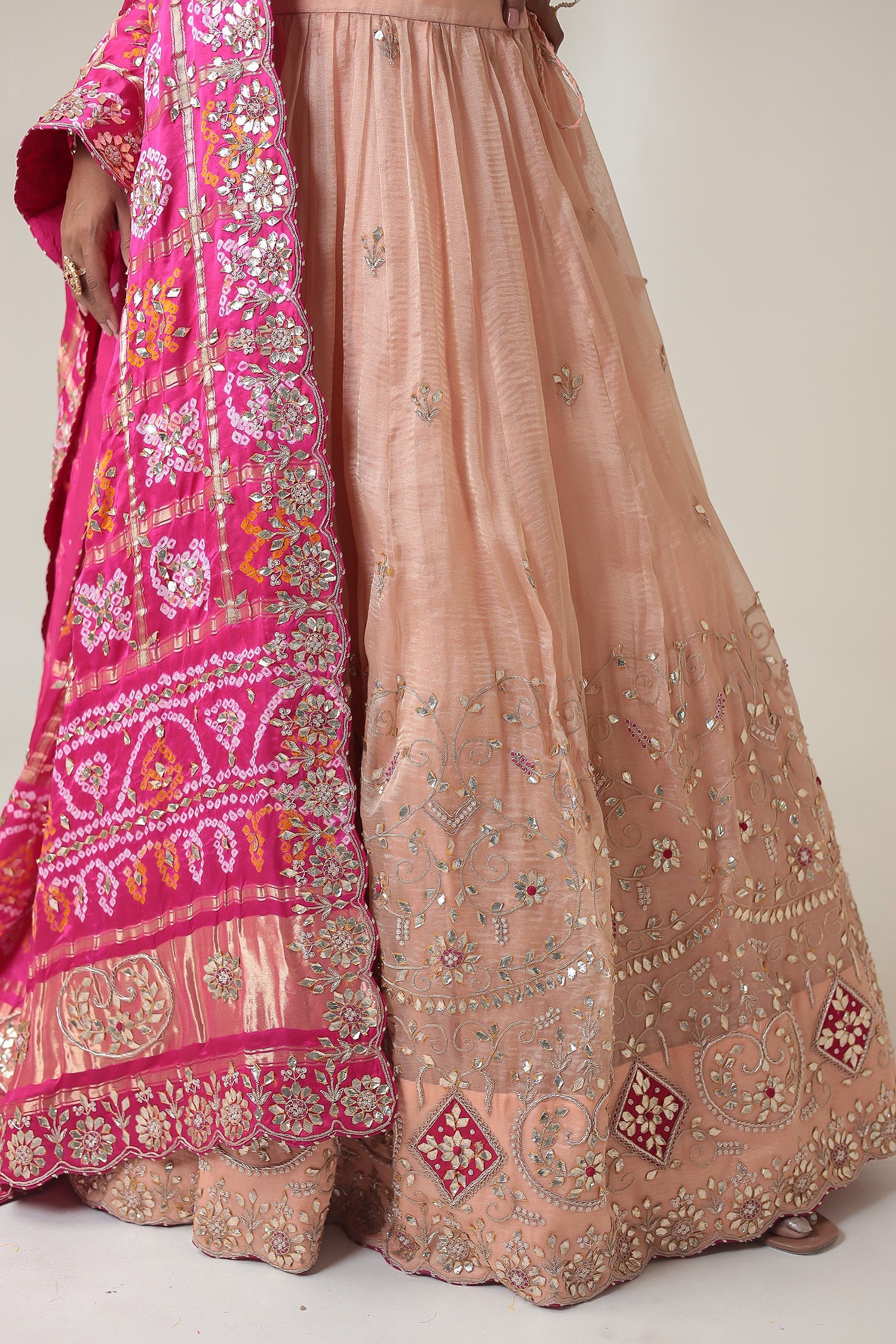 Bandhej Tissue Lehenga Embroidered with Gota Patti work